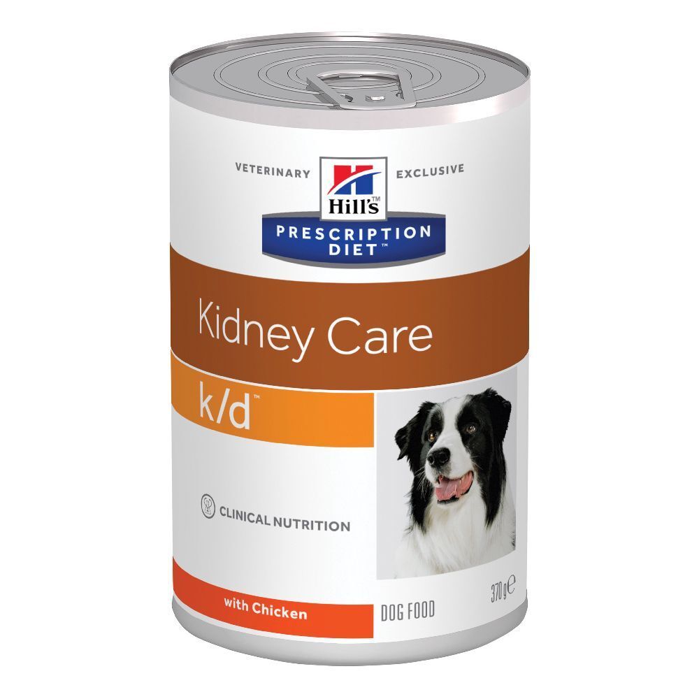Lattina di cibo per cani. Scritta: Kidney Care k/d, Clinical Nutrition, con pollo. Immagine di un cane. Marchio: Hill's Prescription Diet.