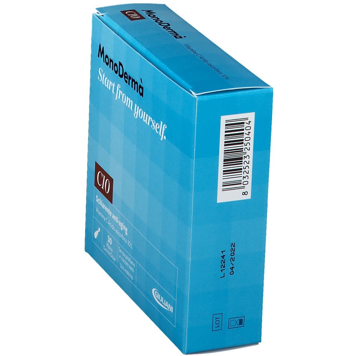 Boîte bleue, MonoDermà C10. Contient 30 monodoses. Code-barres et date de péremption sur le côté.