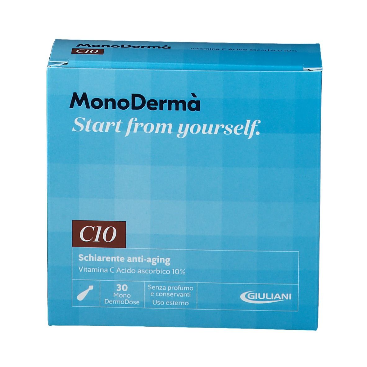 Boîte bleue avec MonoDermà C10. Contient 30 monodoses. Formule anti-âge éclaircissante. Marque Giuliani.