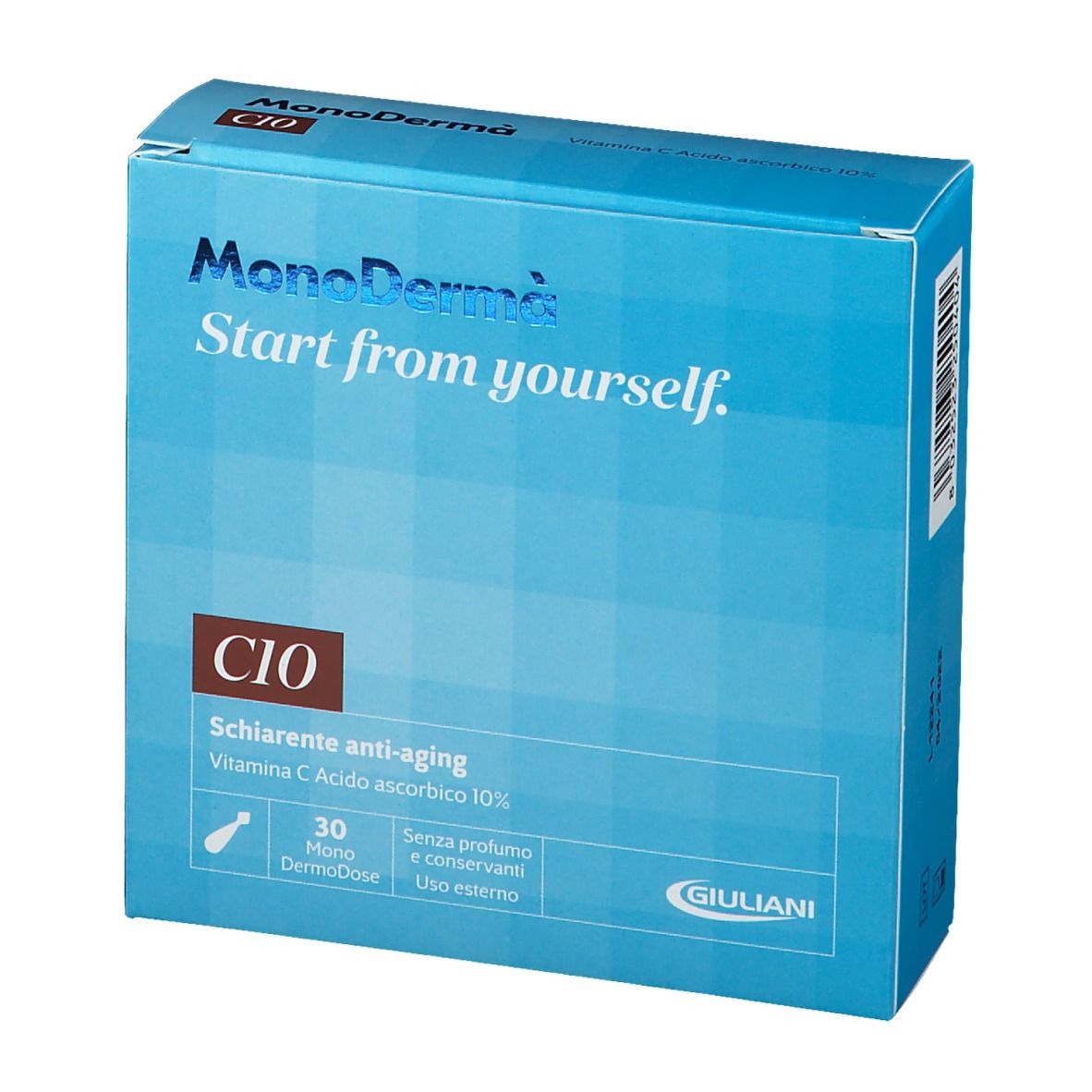 Boîte bleue avec MonoDermà C10. Contient 30 monodoses. Formule anti-âge éclaircissante. Marque Giuliani.