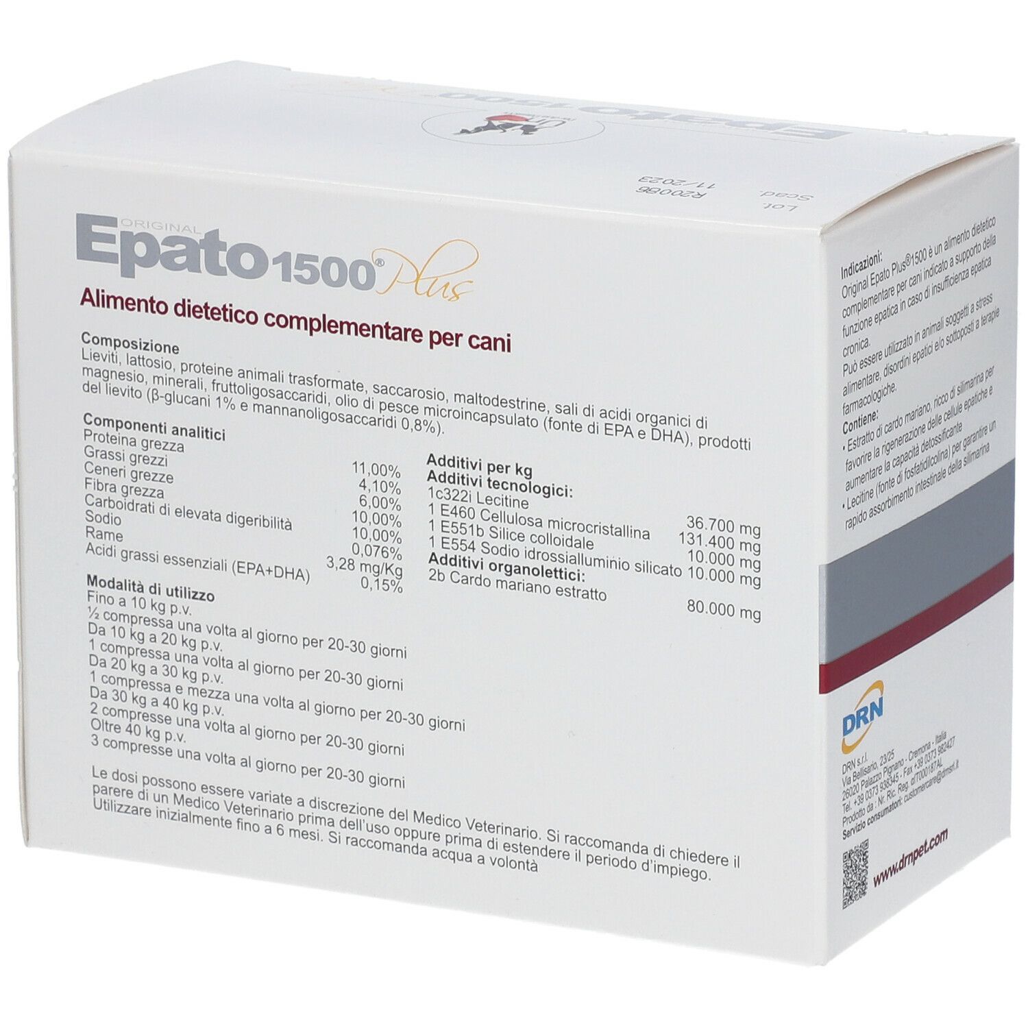 Weißer Karton mit Produktnamen und Hundesilhouette. Text: Alimento dietetico complementare per cani. Inhaltsangaben und DRn Logo.