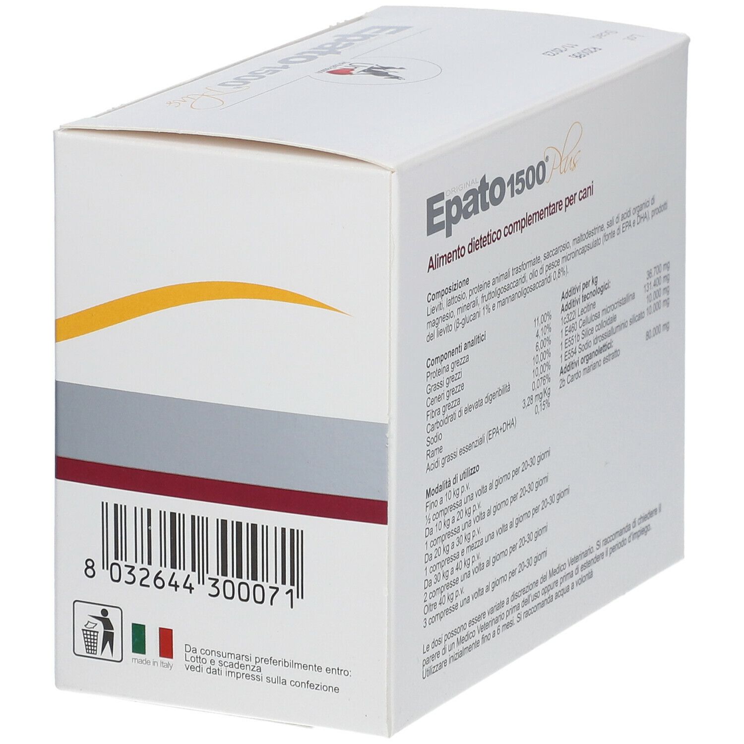 Weißer Karton mit Produktnamen und Hundesilhouette. Text: Alimento dietetico complementare per cani. Barcode und DRn Logo.