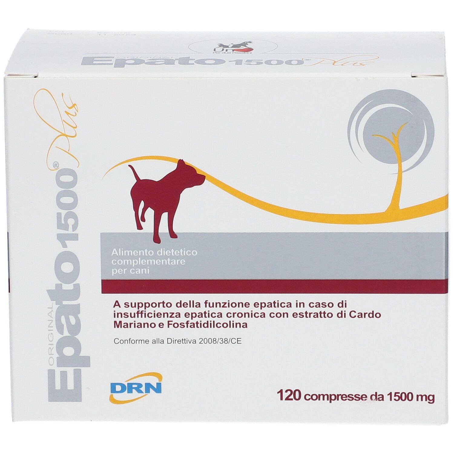 Weißer Karton mit Produktnamen und Hundesilhouette. Text: Alimento dietetico complementare per cani. 120 compresse da 1500 mg.