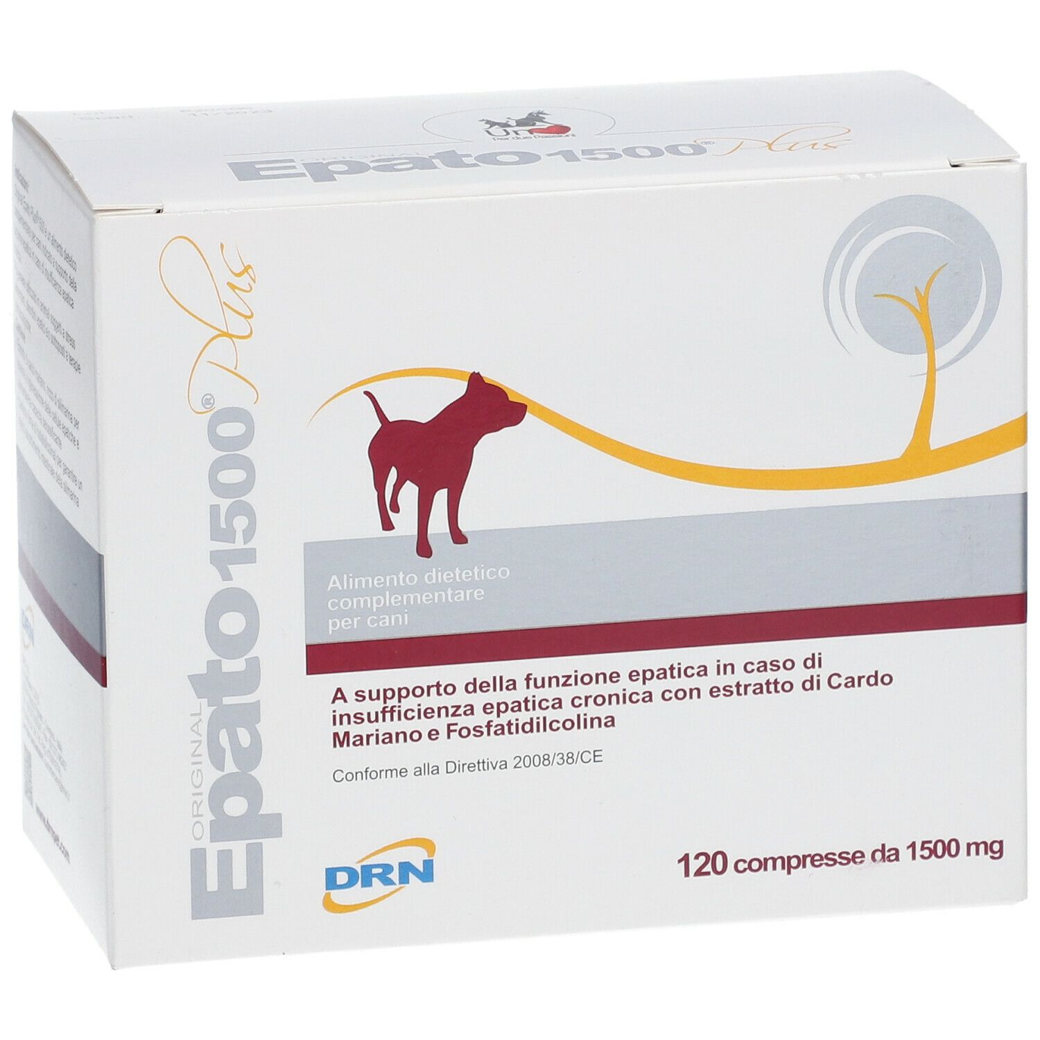 Weißer Karton mit Produktnamen und Hundesilhouette. Text: Alimento dietetico complementare per cani. 120 compresse da 1500 mg.