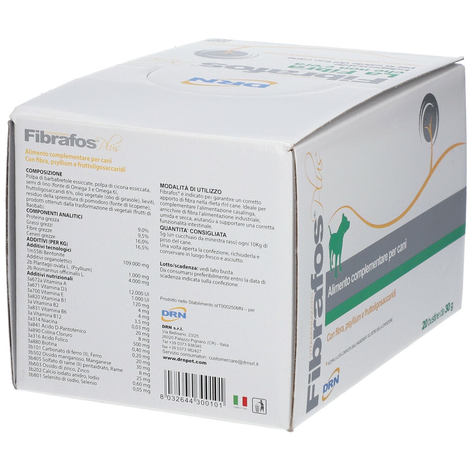 Scatola bianca Fibrafos Plus. Retro con ingredienti e istruzioni per l'uso. Testo: Alimento complementare per cani.