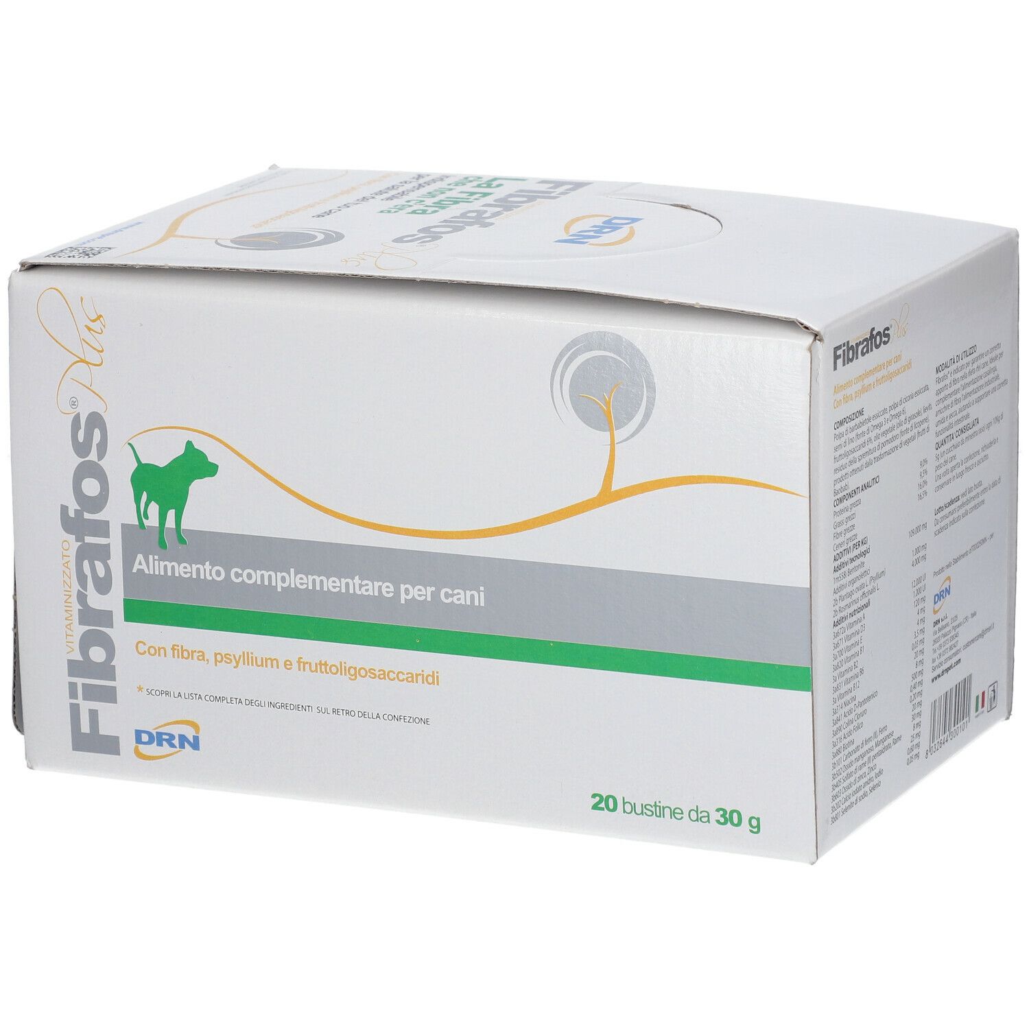 Scatola bianca Fibrafos Plus. Testo: Alimento complementare per cani. 20 bustine da 30 g.