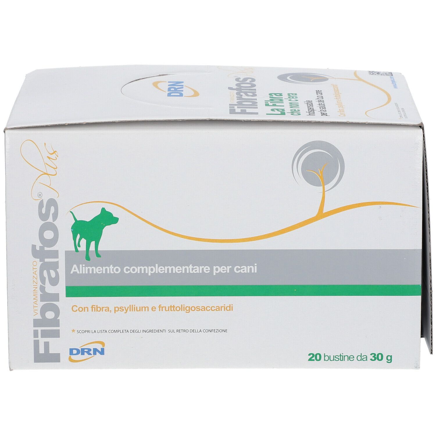 Scatola bianca Fibrafos Plus. Testo: Alimento complementare per cani. 20 bustine da 30 g.