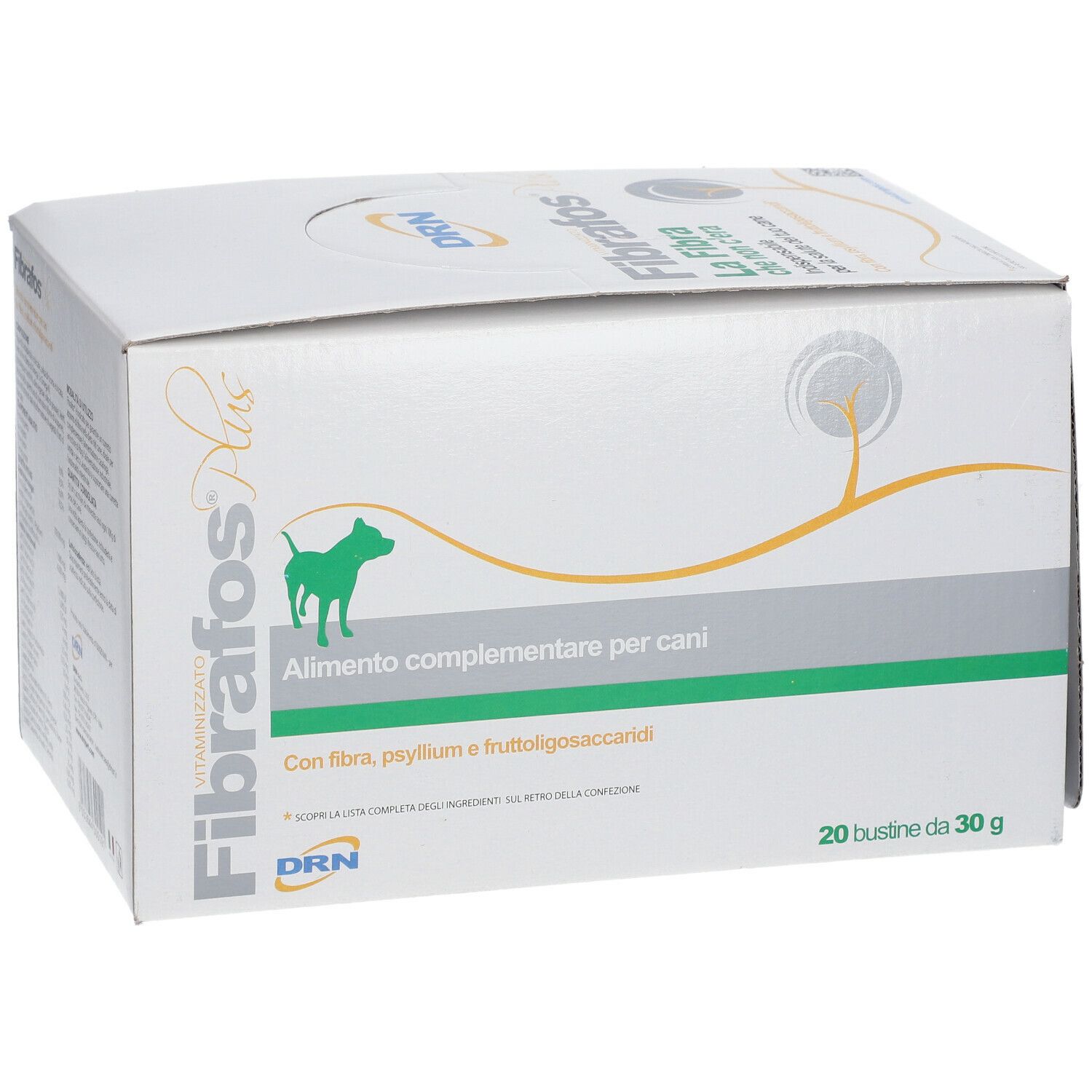 Scatola bianca Fibrafos Plus. Testo: Alimento complementare per cani. 20 bustine da 30 g.