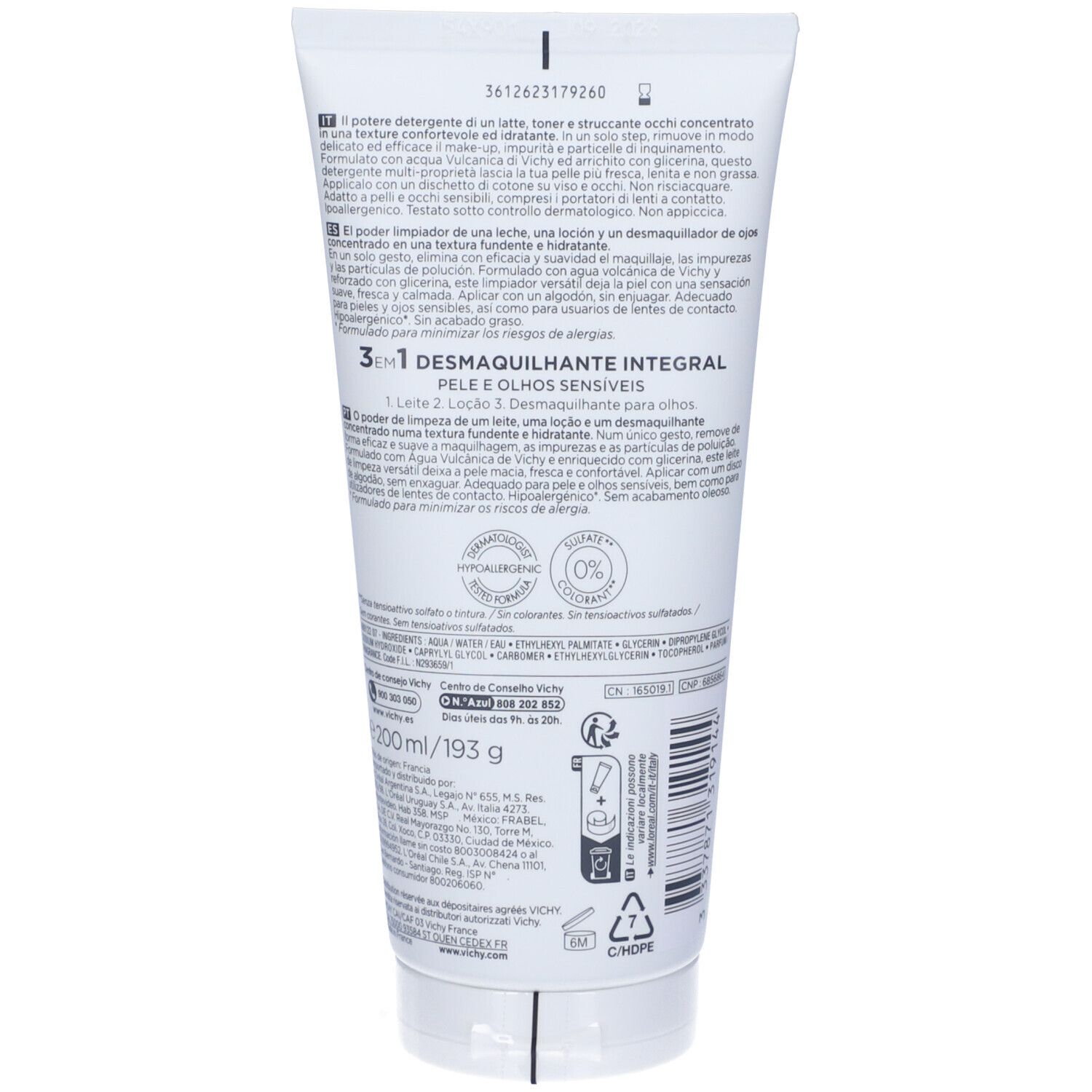 Retro del tubo bianco. Testo: 3in1 Desmaquillante Integral. Contiene 200 ml. Con certificazioni e simboli di riciclaggio.
