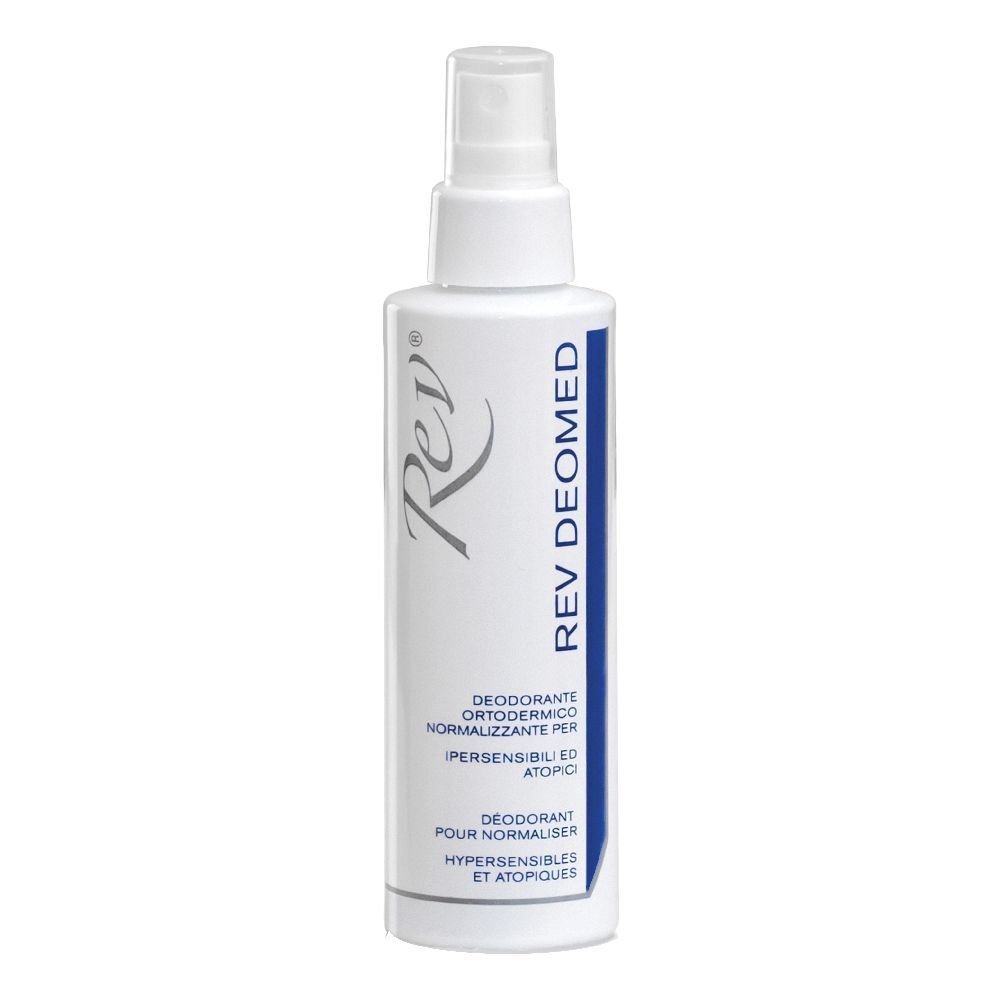 Flacone spray bianco con striscia blu e testo. Contiene deodorante. Erogatore in alto.
