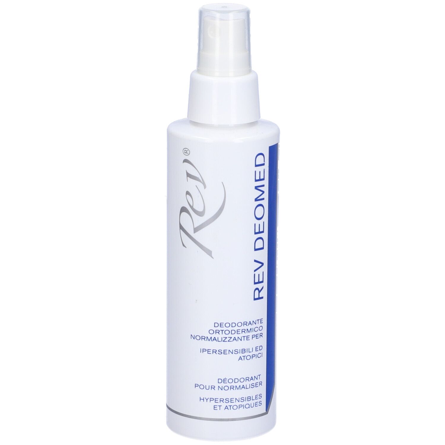 Flacone spray bianco con striscia blu e testo. Contiene deodorante. Erogatore in alto.