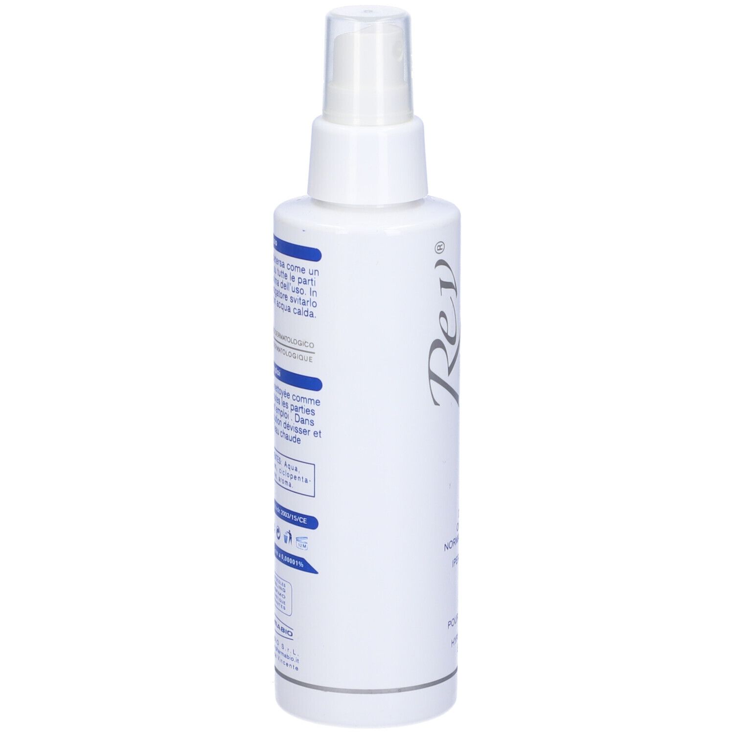 Flacone spray bianco, retro con testo. Contiene deodorante. Erogatore in alto.