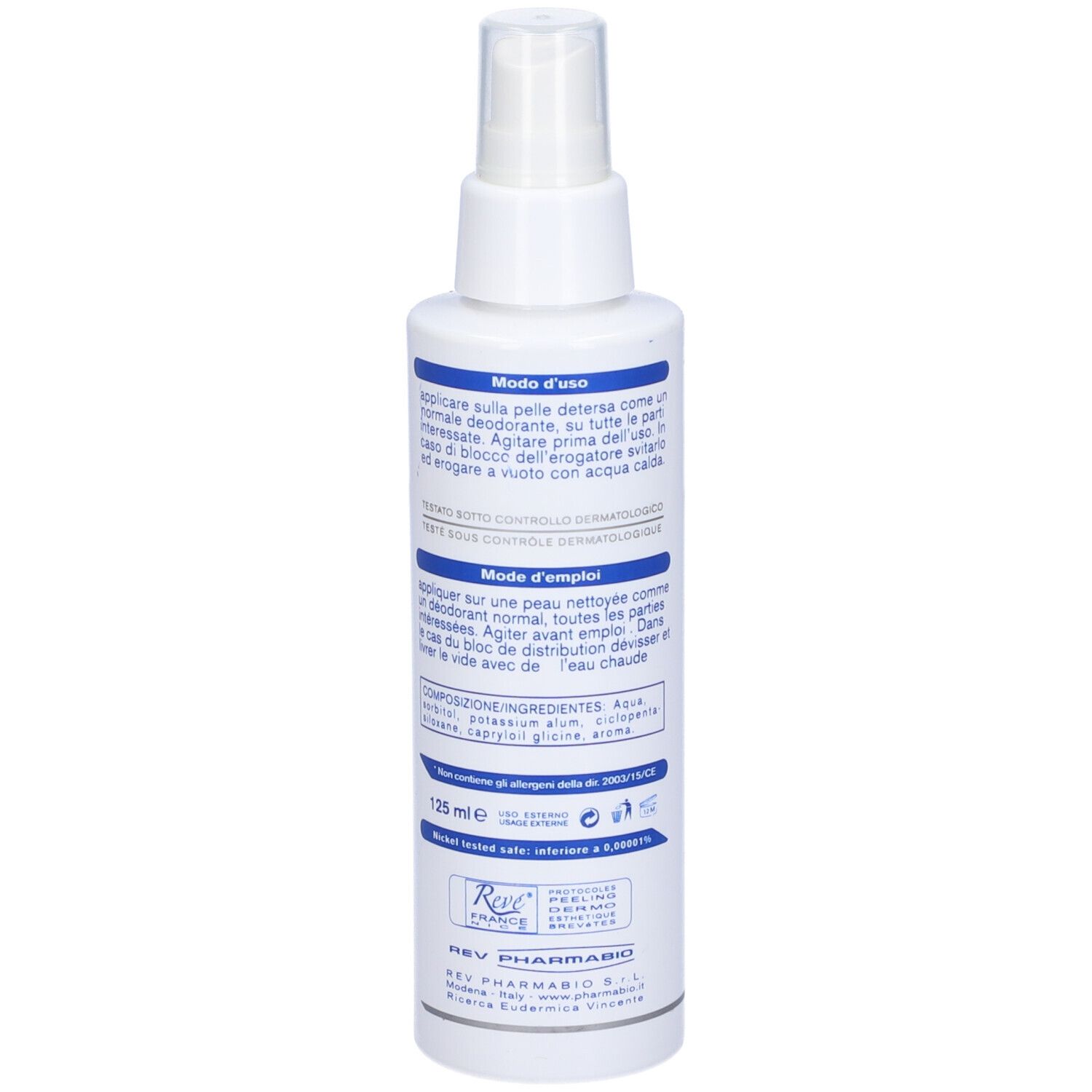 Flacone spray bianco, retro con testo. Contiene deodorante. Erogatore in alto.