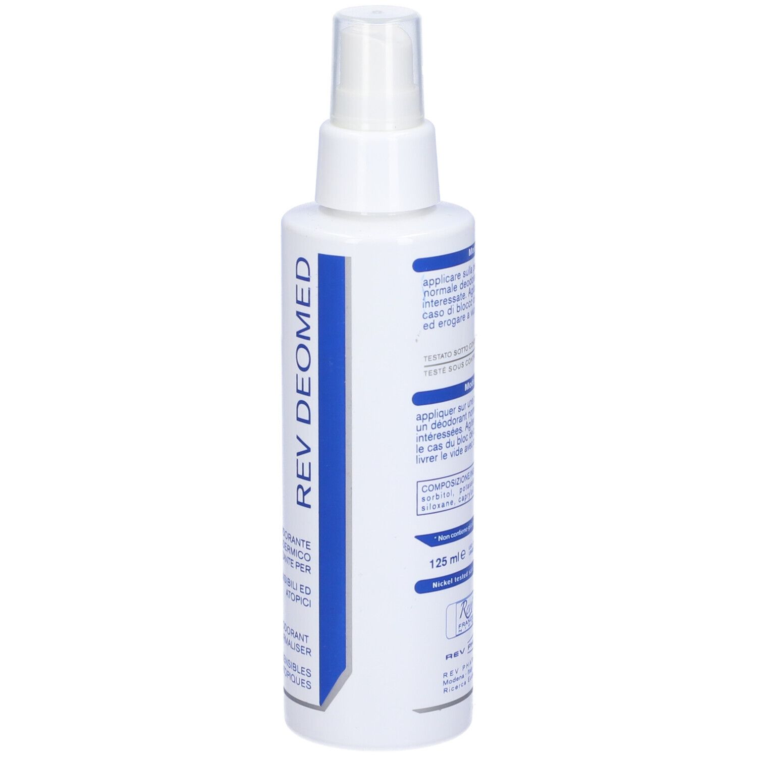 Flacone spray bianco, lato con testo. Contiene deodorante. Erogatore in alto.