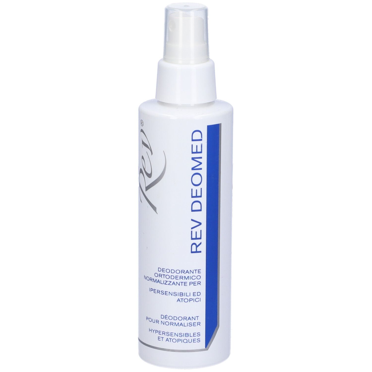 Flacone spray bianco con striscia blu e testo. Contiene deodorante. Erogatore in alto.