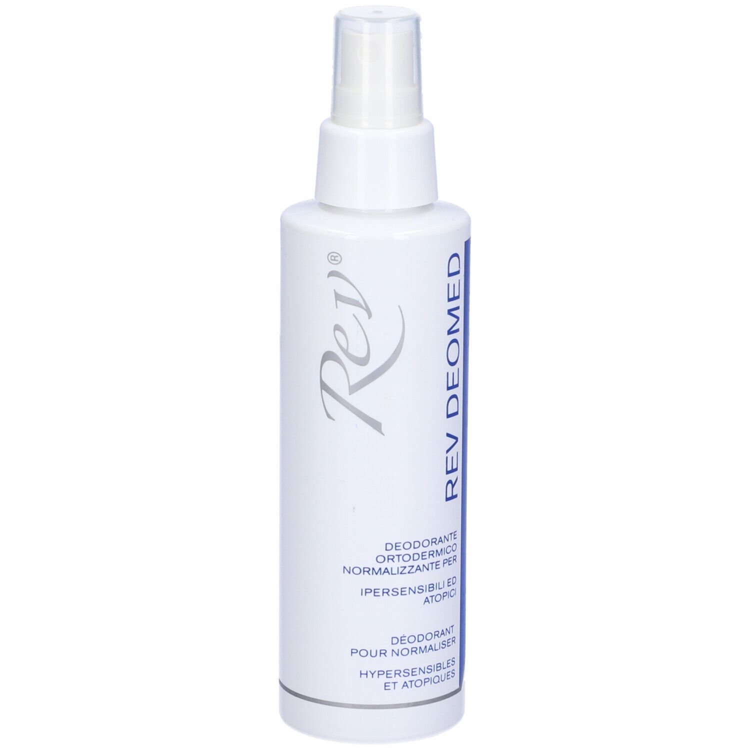 Flacone spray bianco con striscia blu e testo. Contiene deodorante. Erogatore in alto.