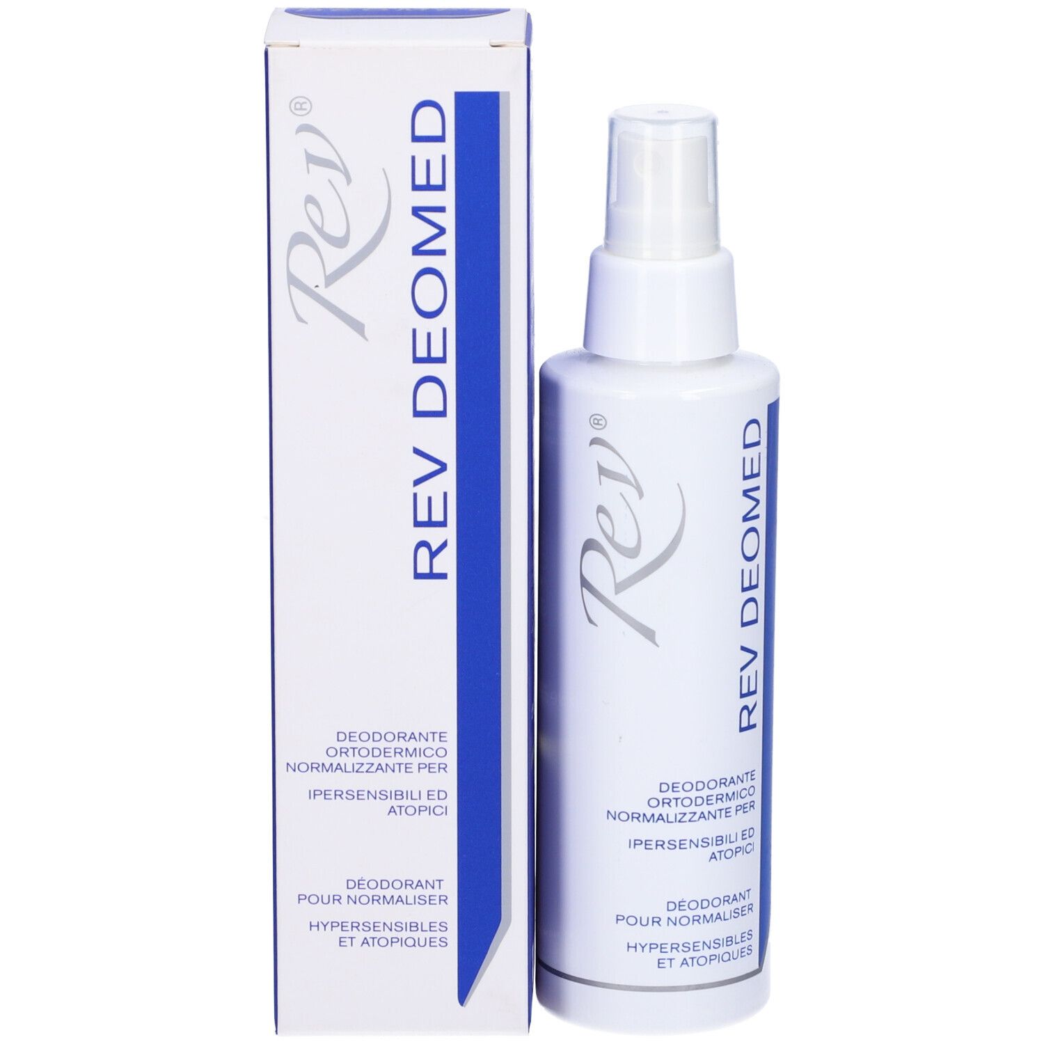Flacone spray bianco e scatola. Contiene deodorante. Erogatore in alto.