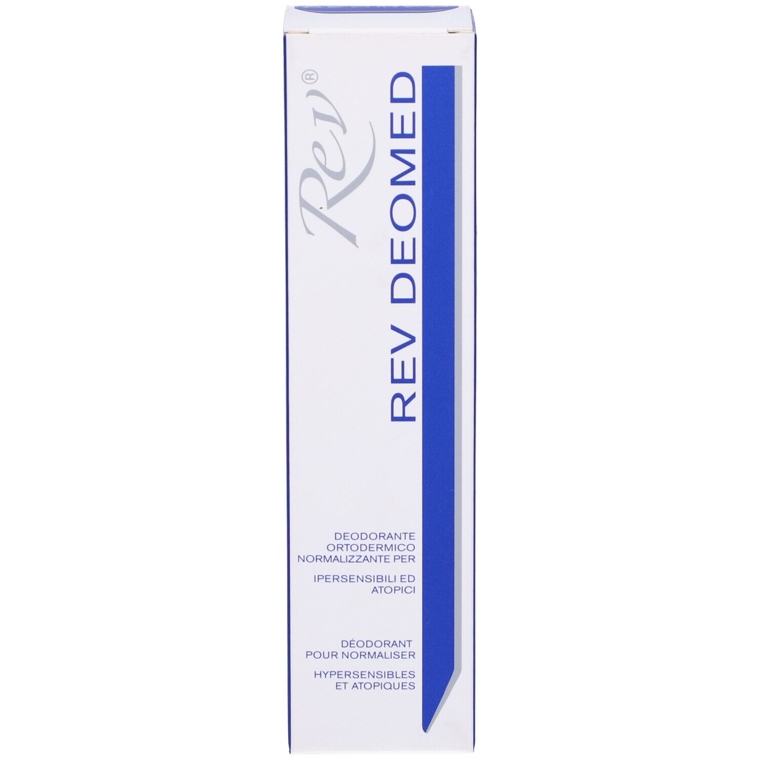 Scatola con testo. Contiene deodorante. Schema di colori blu e bianco.