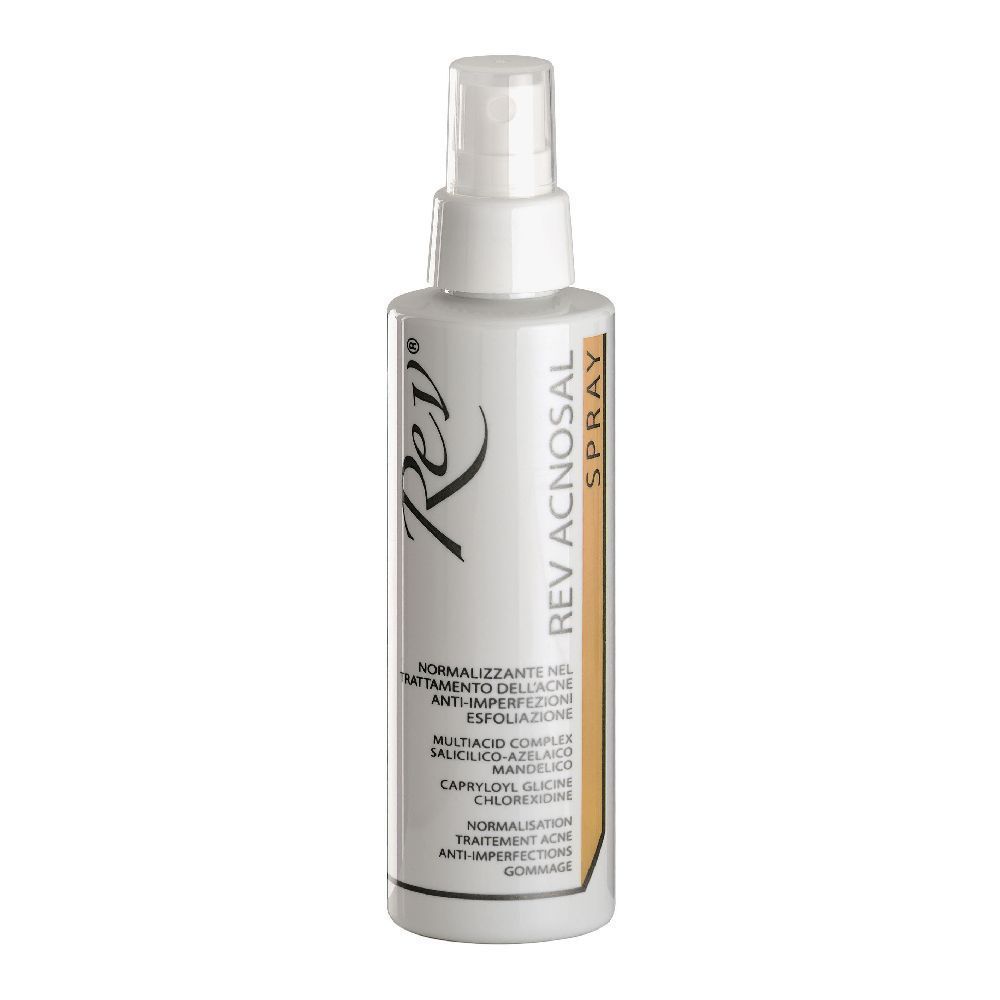 Spray bianco con erogatore. Scritta: Rev Acnosal Spray. Testo in italiano.