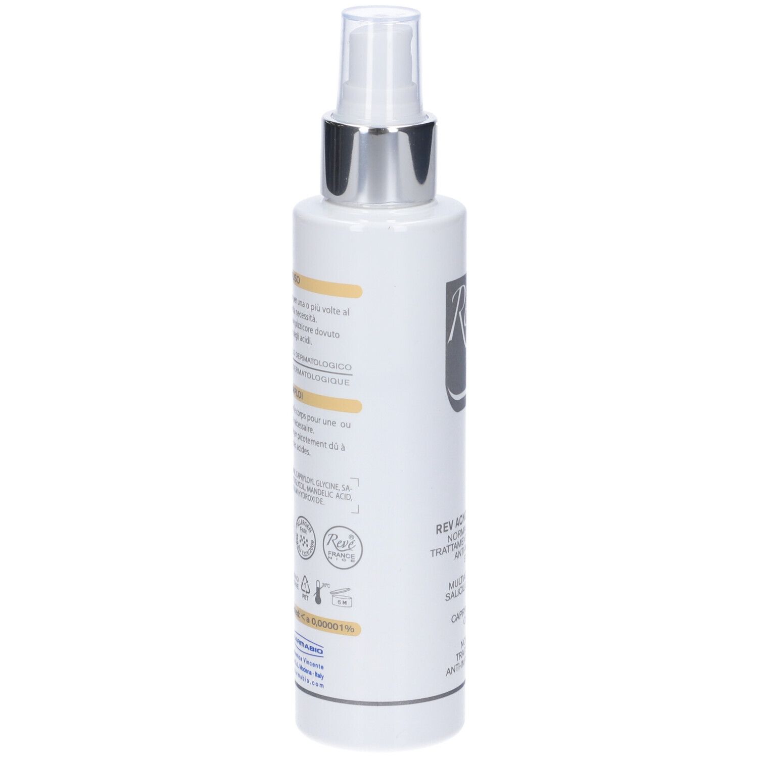 Retro dello spray bianco con erogatore argentato. Testo in italiano, loghi.