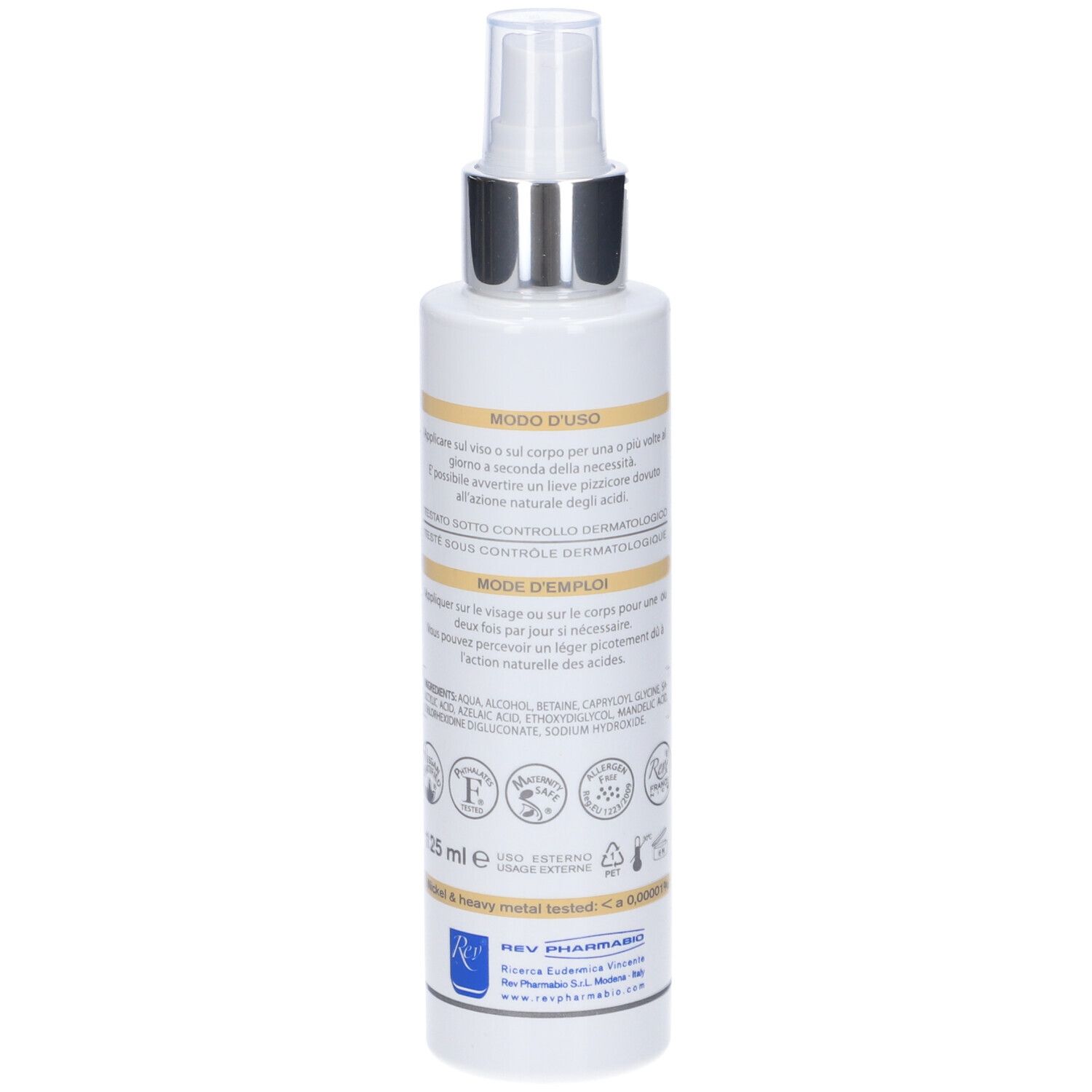 Retro dello spray bianco con erogatore argentato. Testo in italiano, loghi.