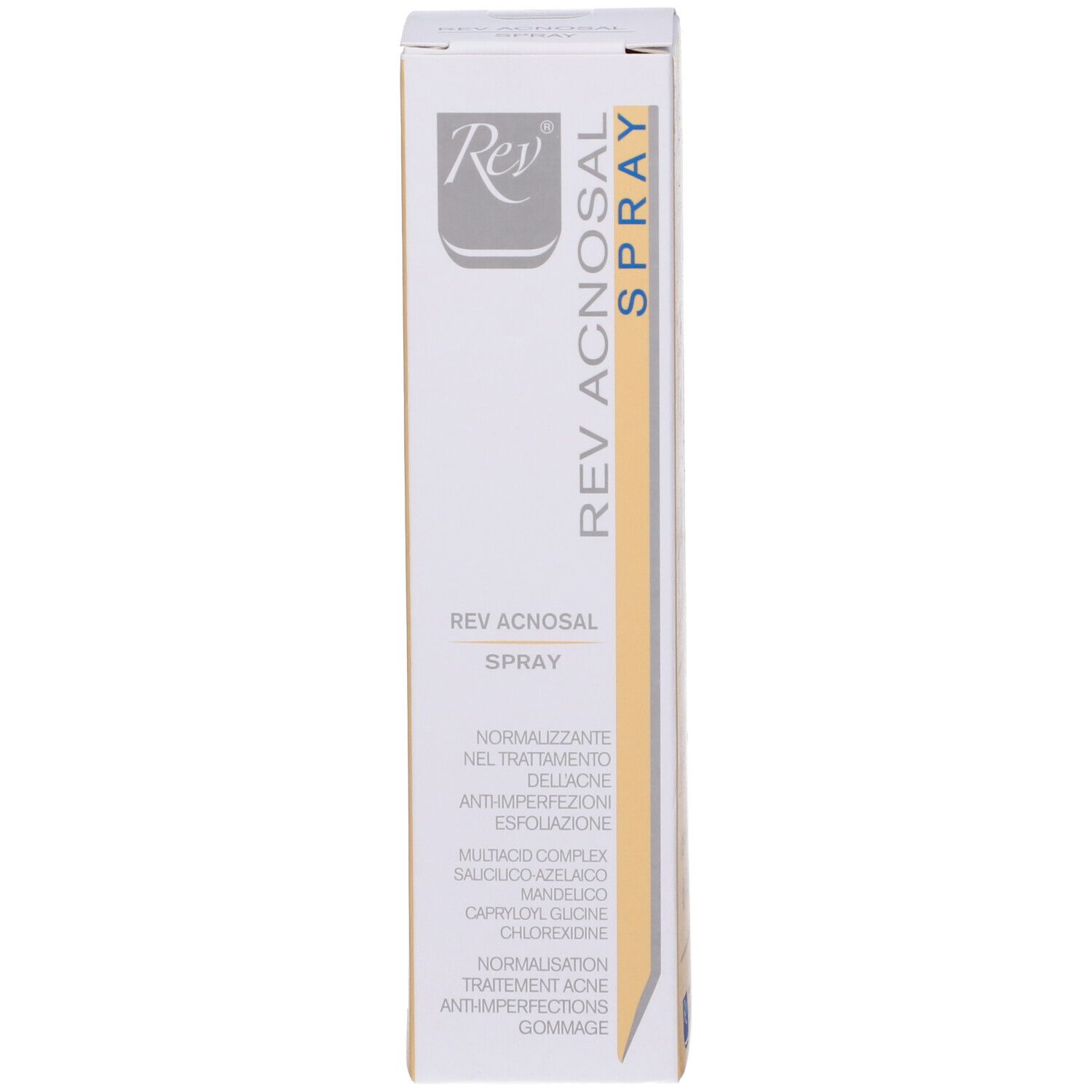 Confezione con scritta: Rev Acnosal Spray. Testo in italiano.