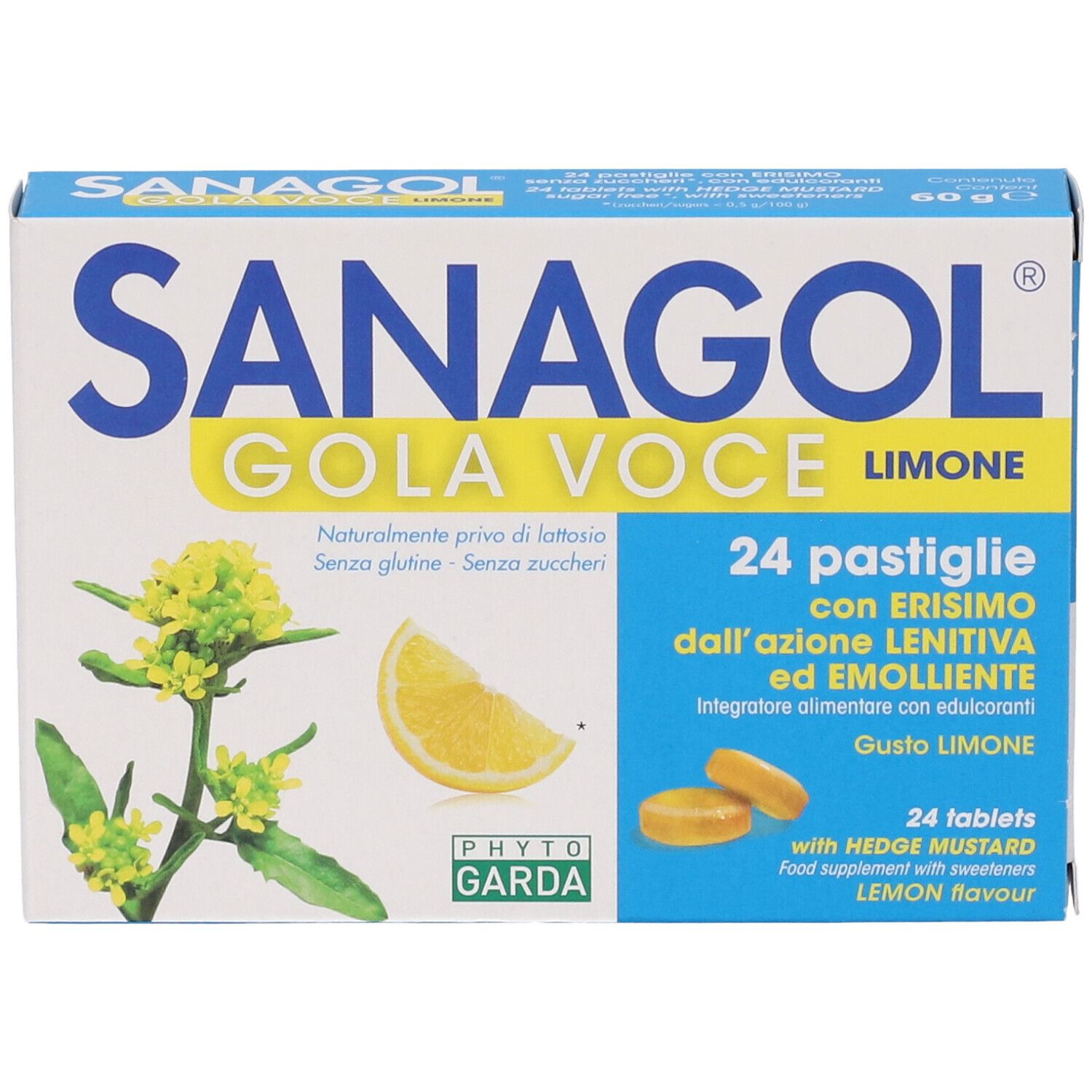 Sanagol Gola Voce Limone Pastillen-Schachtel mit Zitronen- und Pflanzenabbildungen.