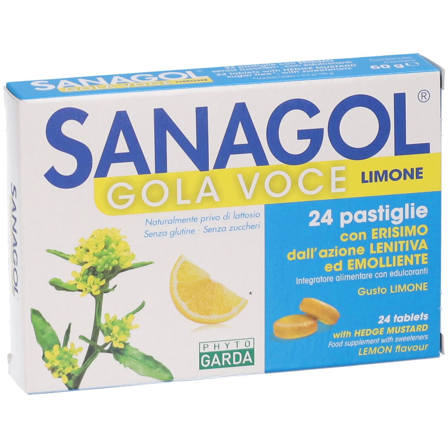 Sanagol Gola Voce Limone Pastillen-Schachtel mit Zitronen- und Pflanzenabbildungen.