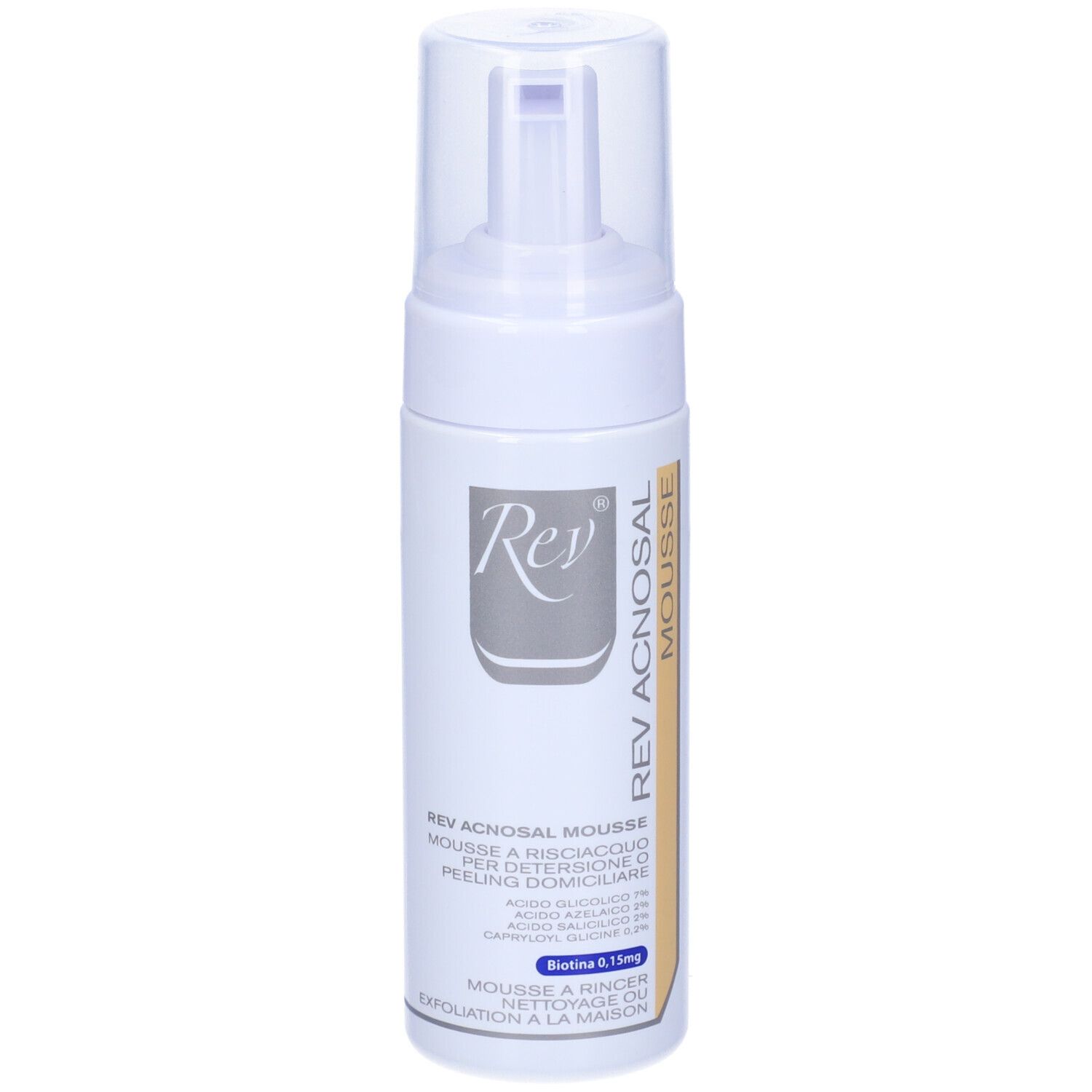 Flacone bianco con pompa. Scritta: Rev Aknosal Mousse. Contiene biotina 0,15mg. Testo in italiano.