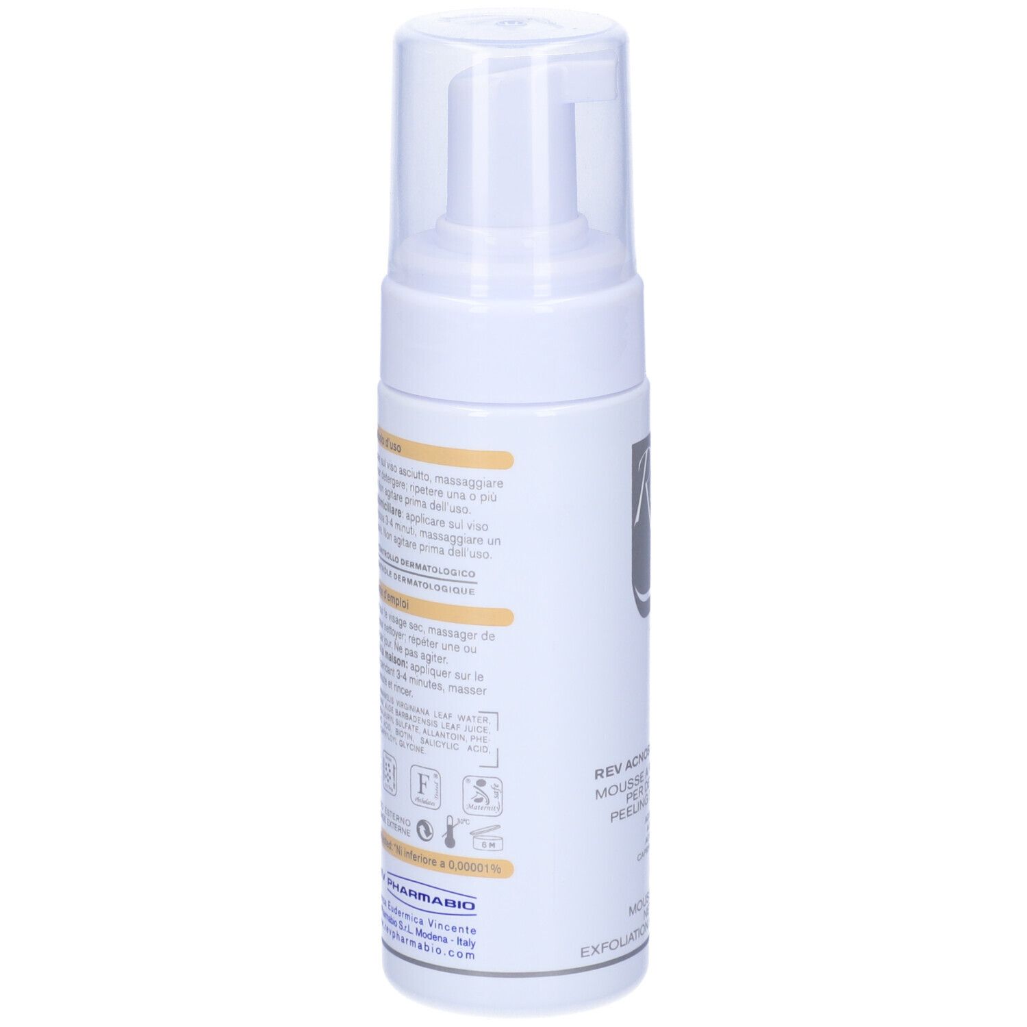 Flacone bianco con pompa. Scritta: Rev Aknosal Mousse. Testo in italiano. Retro con testo e simboli.