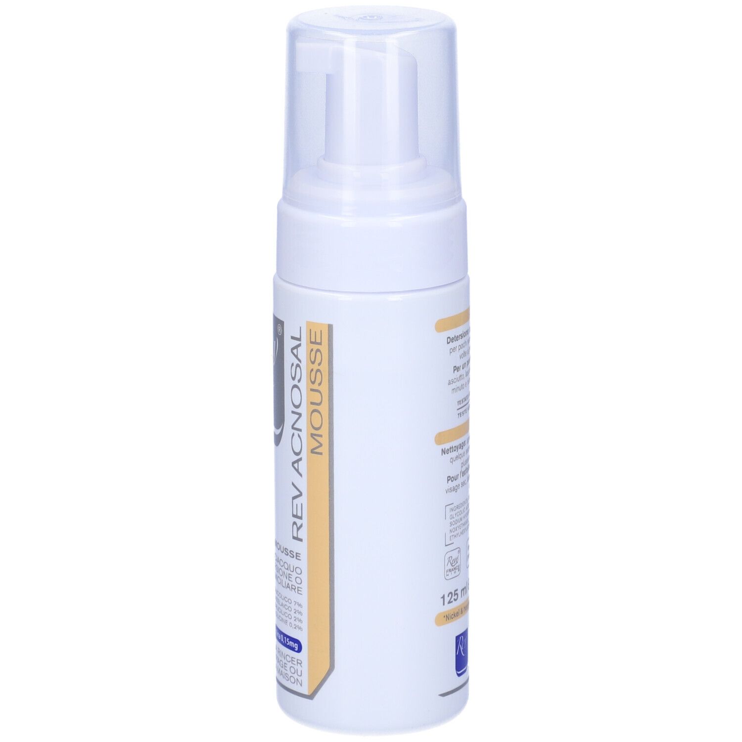 Flacone bianco con pompa. Scritta: Rev Aknosal Mousse. Testo in italiano. Retro con testo e simboli.