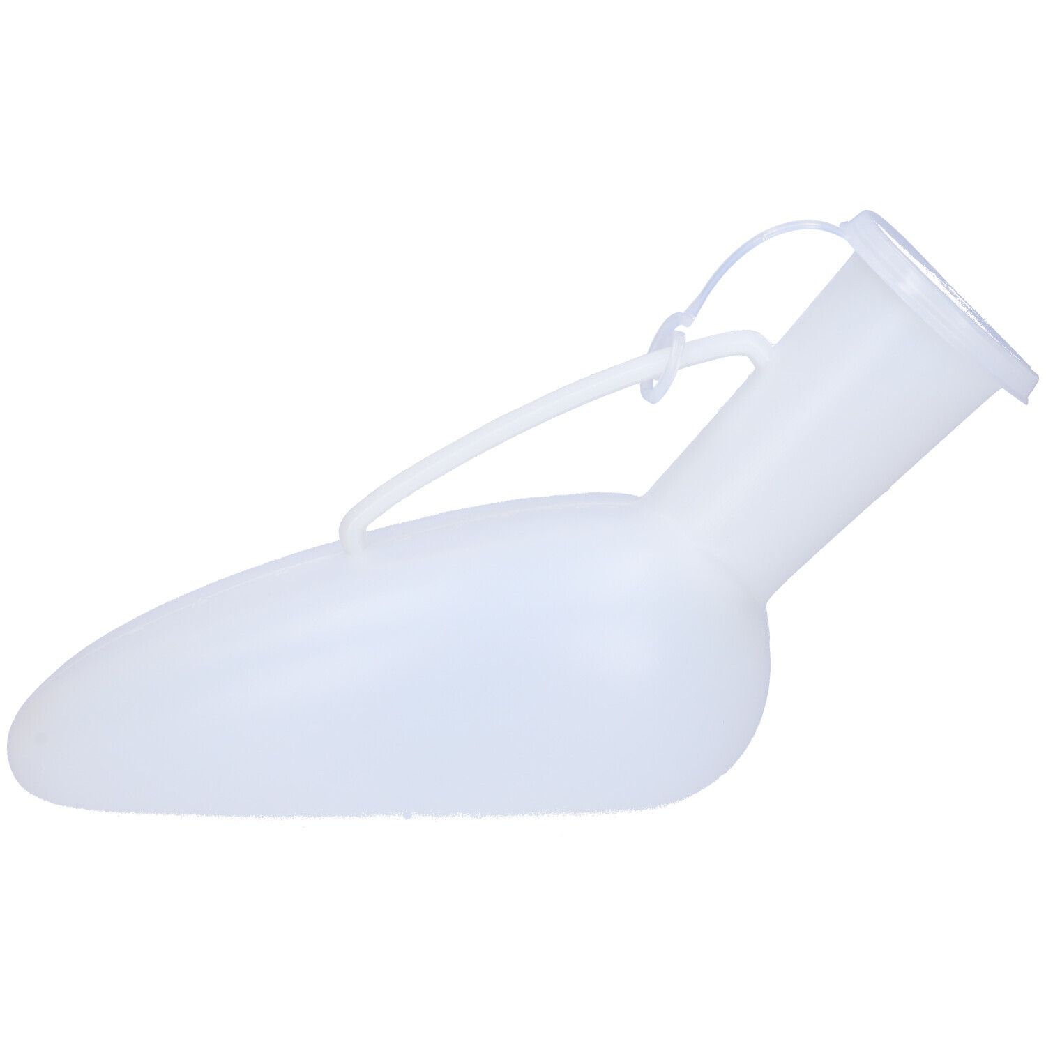 Orinatoio bianco in plastica con tappo e manico.