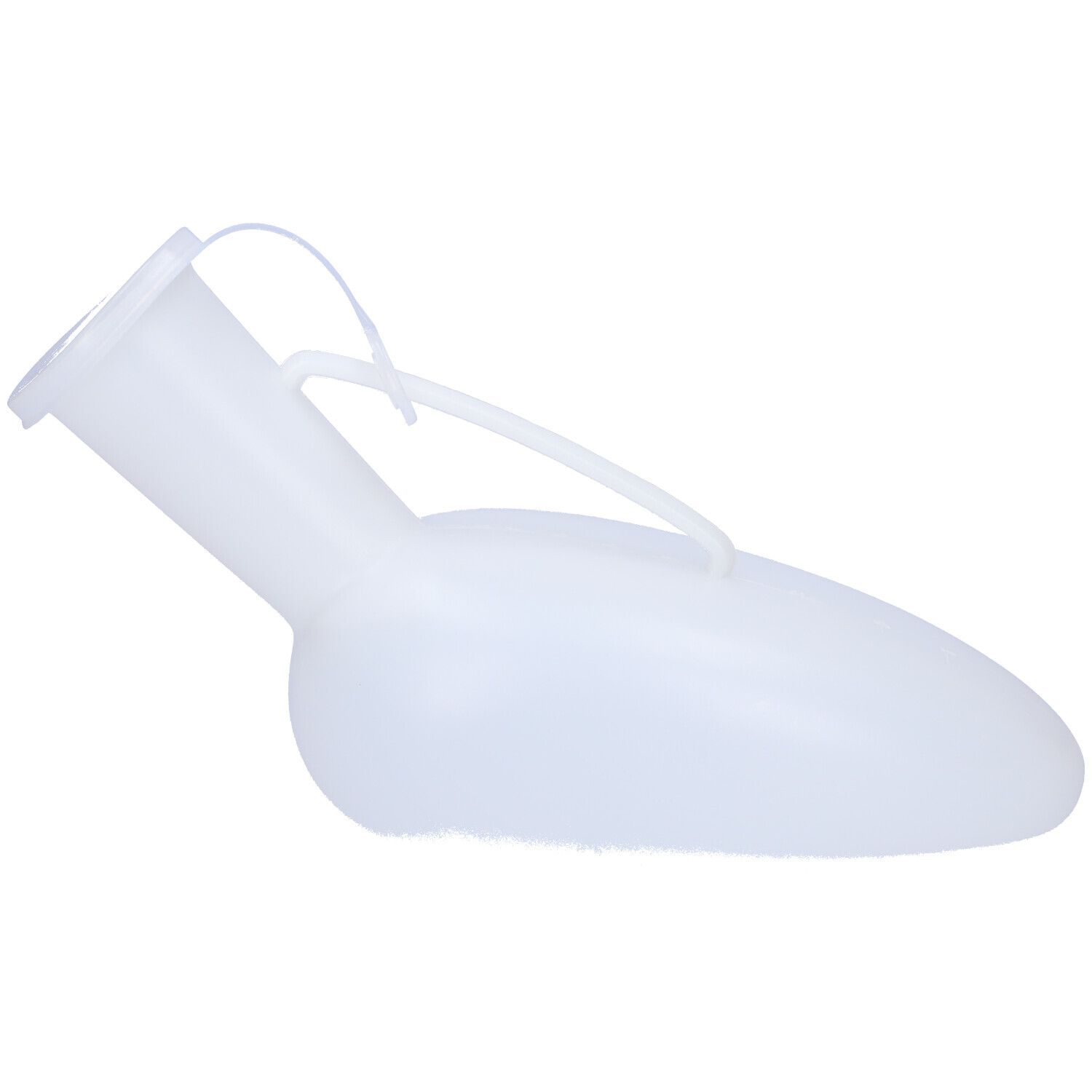 Orinatoio bianco con tappo e manico. Plastica.