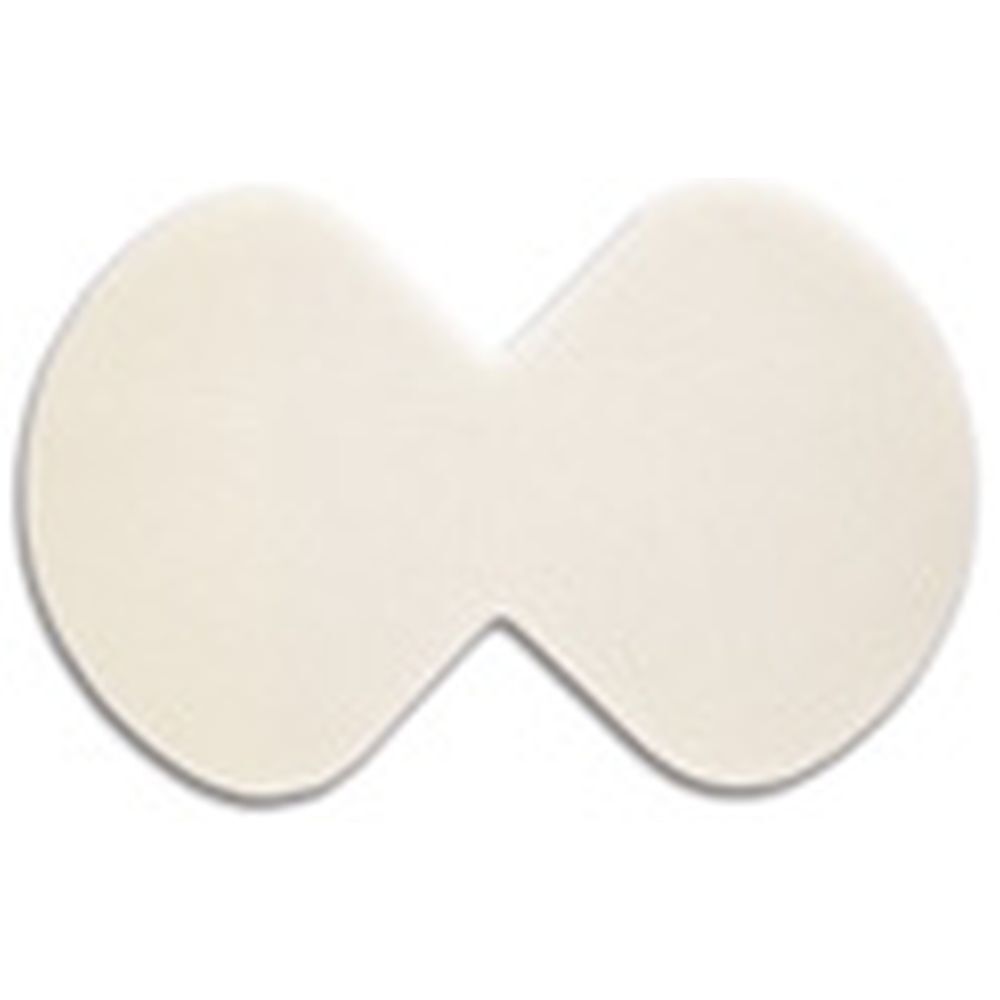 Dispositivo medico. Beige, a forma di otto orizzontale. Due aree rotonde collegate da un'incisione stretta. Su sfondo bianco.