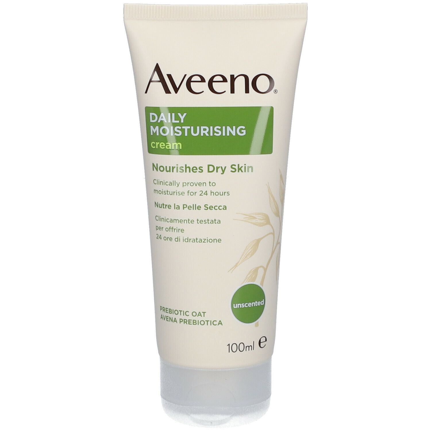 Tube Aveeno Daily Moisturising Cream. Texte : Nourishes Dry Skin, 100ml.