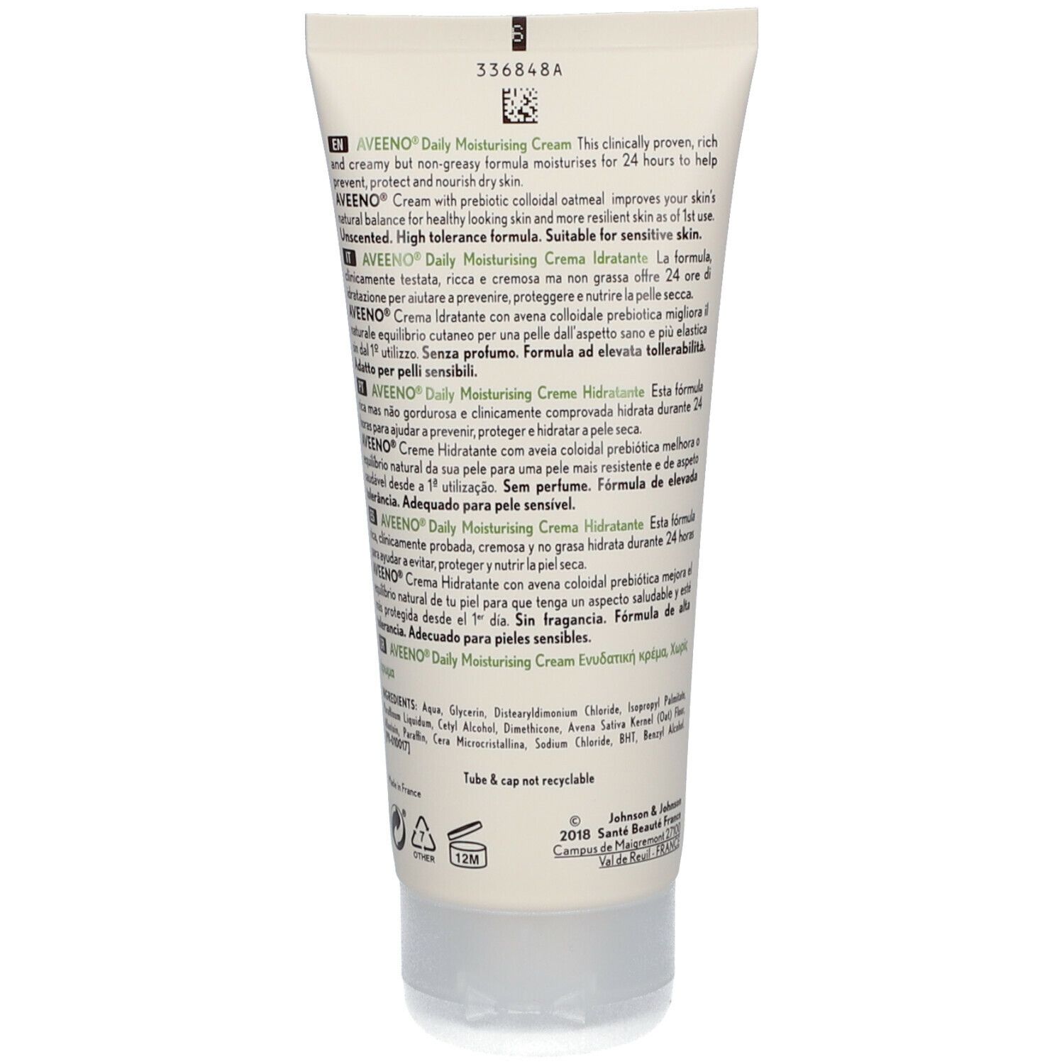 Dos du tube Aveeno Daily Moisturising Cream. Texte en plusieurs langues.