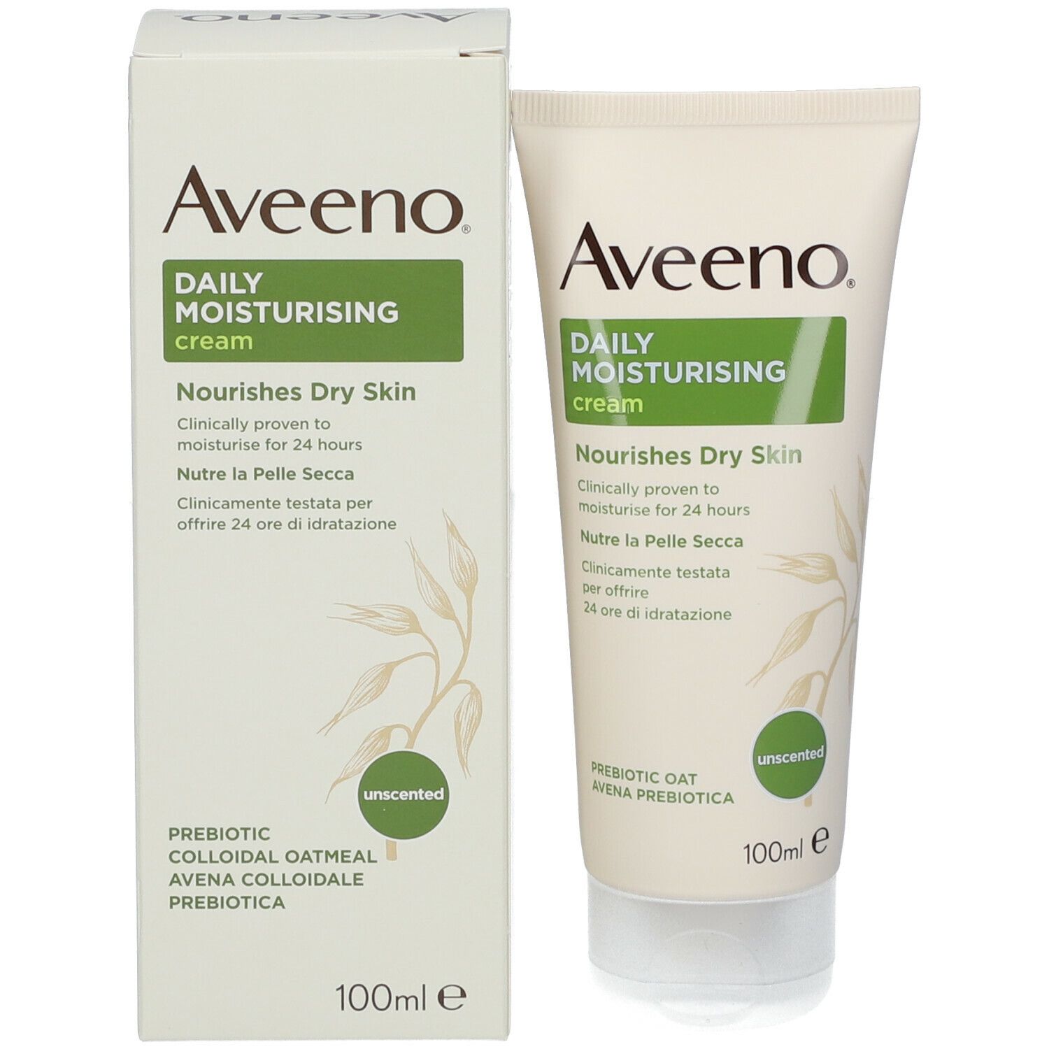 Tube et emballage de Aveeno Daily Moisturising Cream. Texte : Prebiotic Colloidal Oatmeal.