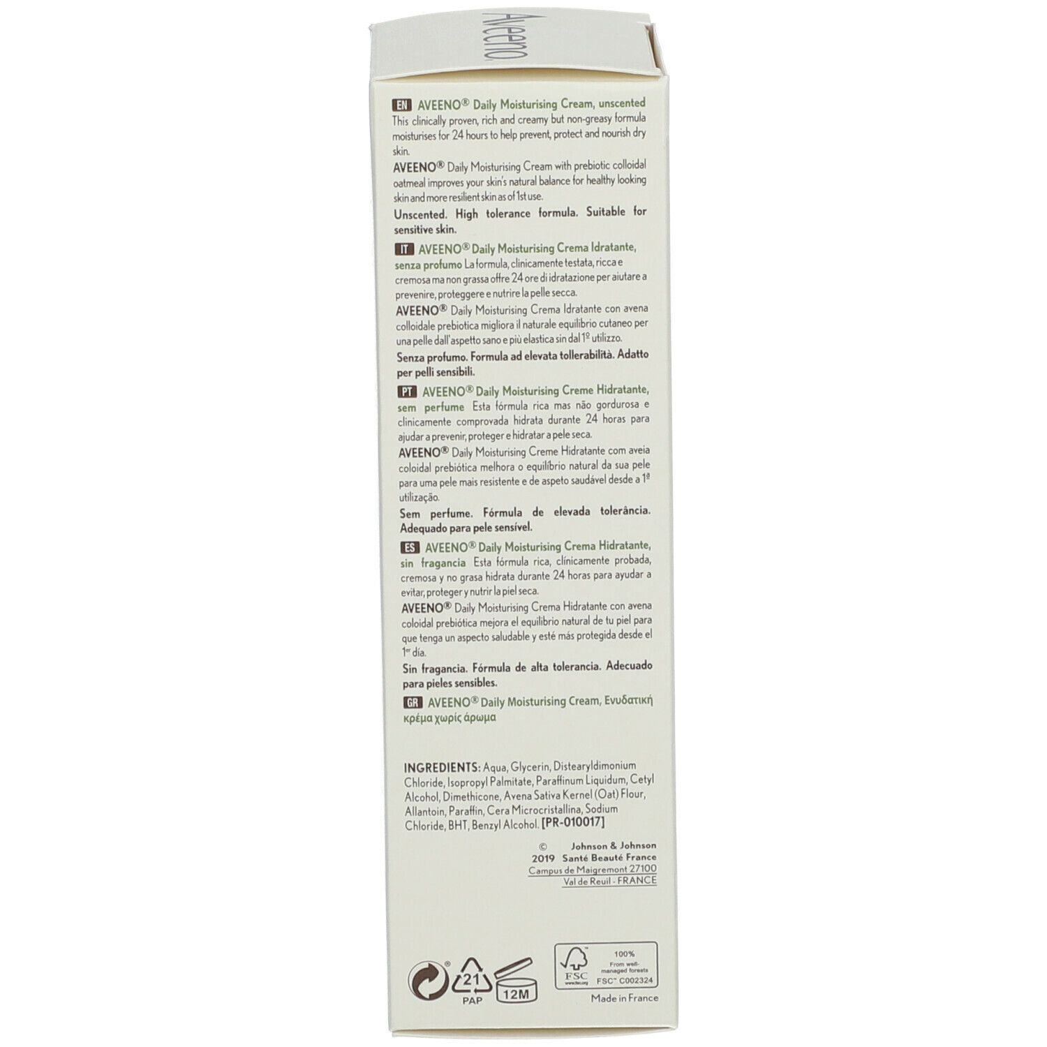 Dos de l'emballage Aveeno Daily Moisturising Cream. Texte en plusieurs langues.