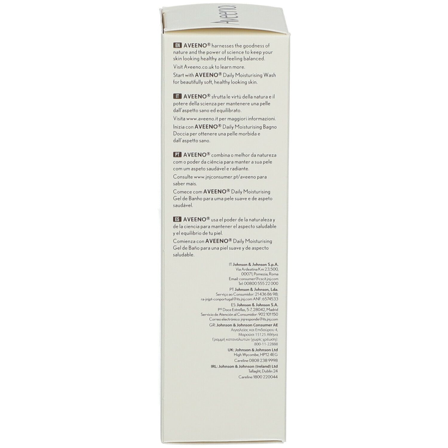 Côté de l'emballage Aveeno Daily Moisturising Cream. Texte en plusieurs langues.