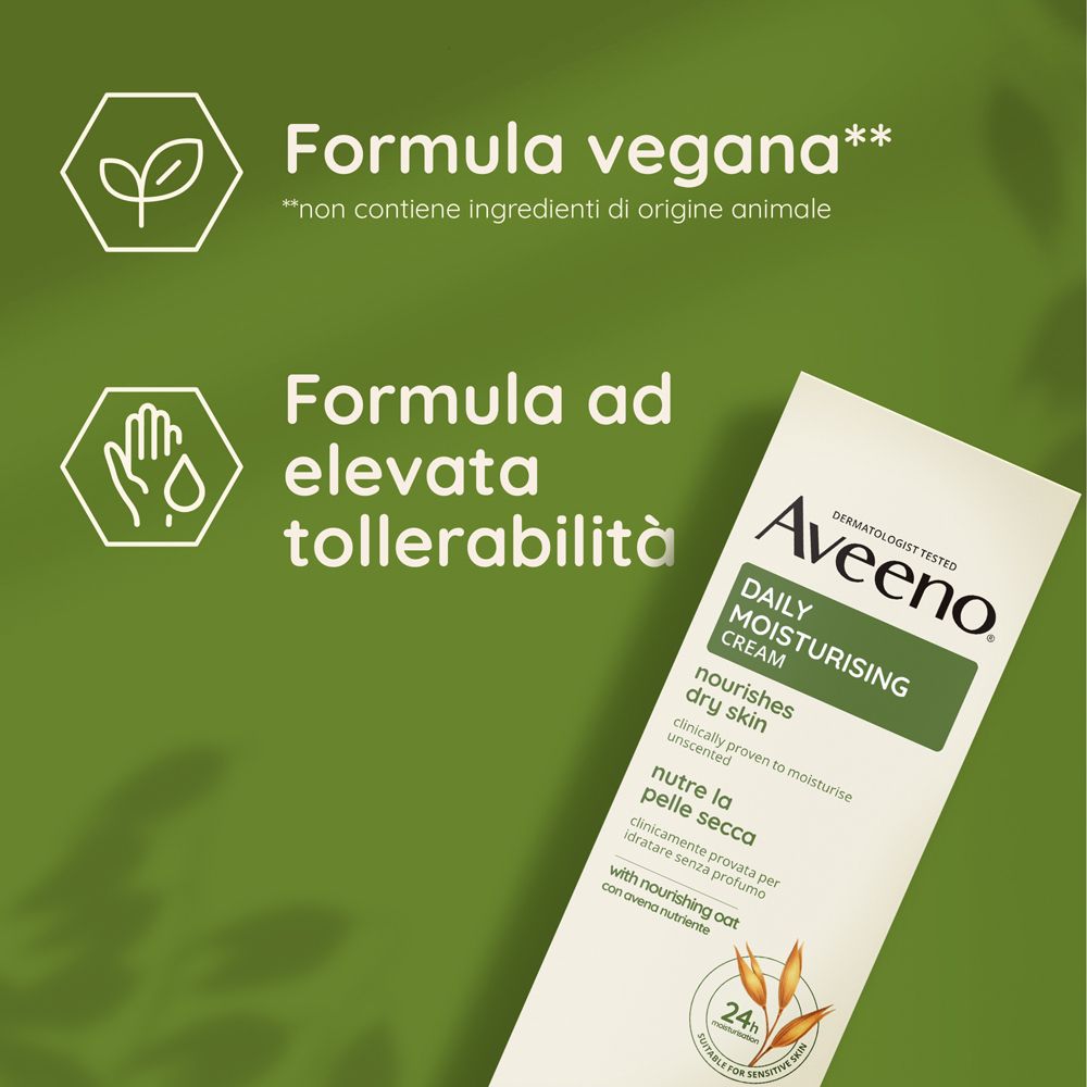 Emballage de Aveeno Daily Moisturising Cream. Texte : Formula vegana, Formula ad elevata tollerabilità.