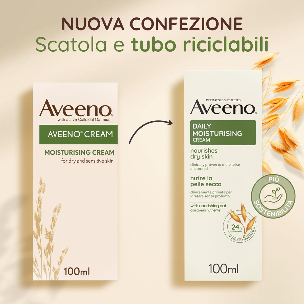 Comparaison des anciens et nouveaux emballages Aveeno Cream. Texte : Scatola e tubo riciclabili.