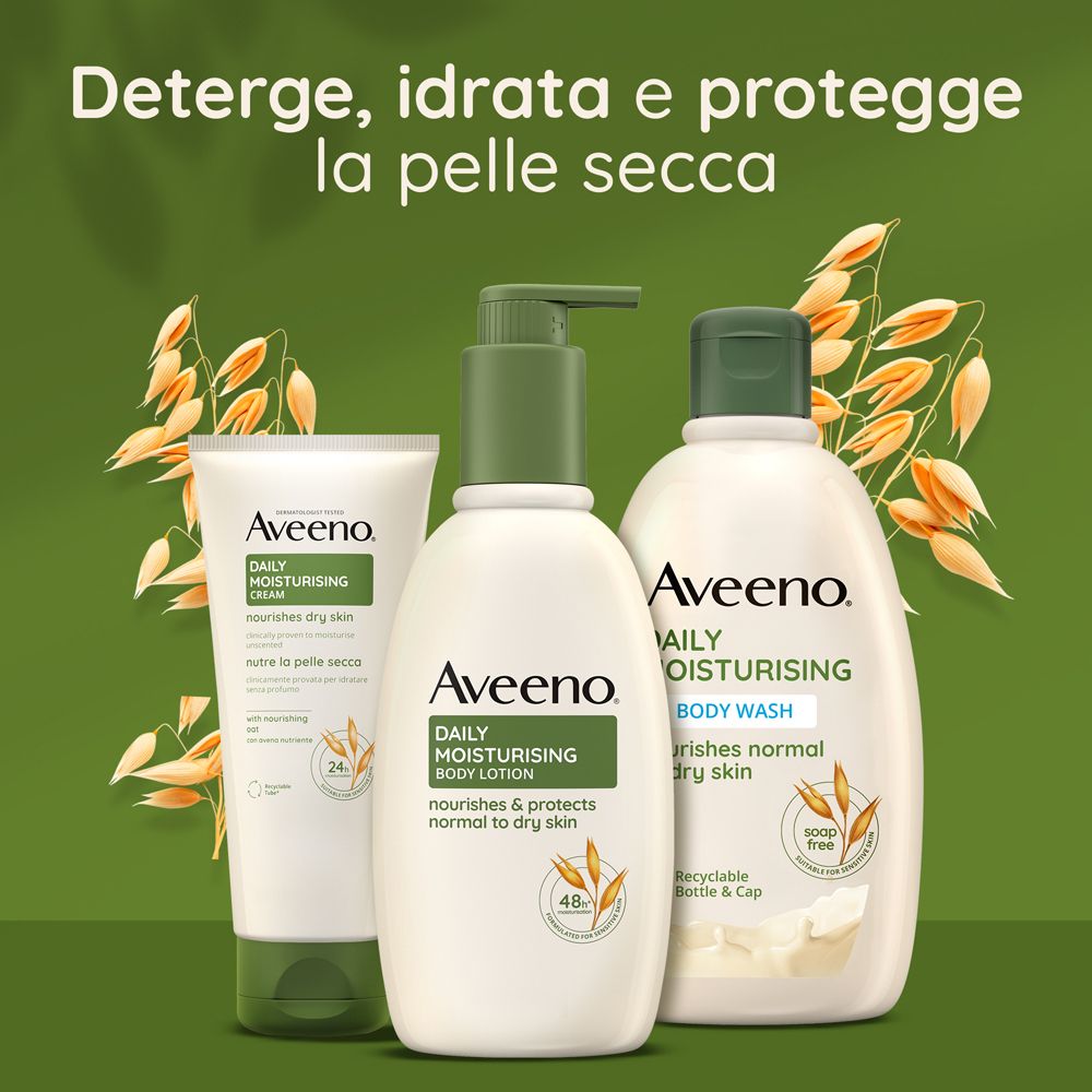 Trois produits Aveeno : Daily Moisturising Liquid, Daily Moisturising Lotion, Daily Moisturising Body Wash.