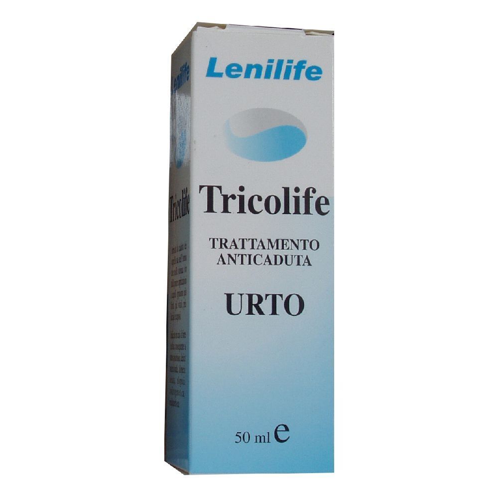 Confezione Tricolife, Lenilife. Scritta: TRATTAMENTO ANTICADUTA URTO. Contenuto: 50 ml. Colori: bianco e blu.