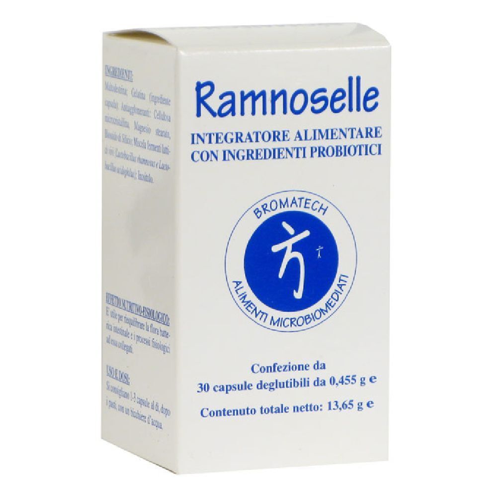 Scatola bianca con nome e logo del prodotto. Contiene 30 capsule. Marca: BROMATECH.