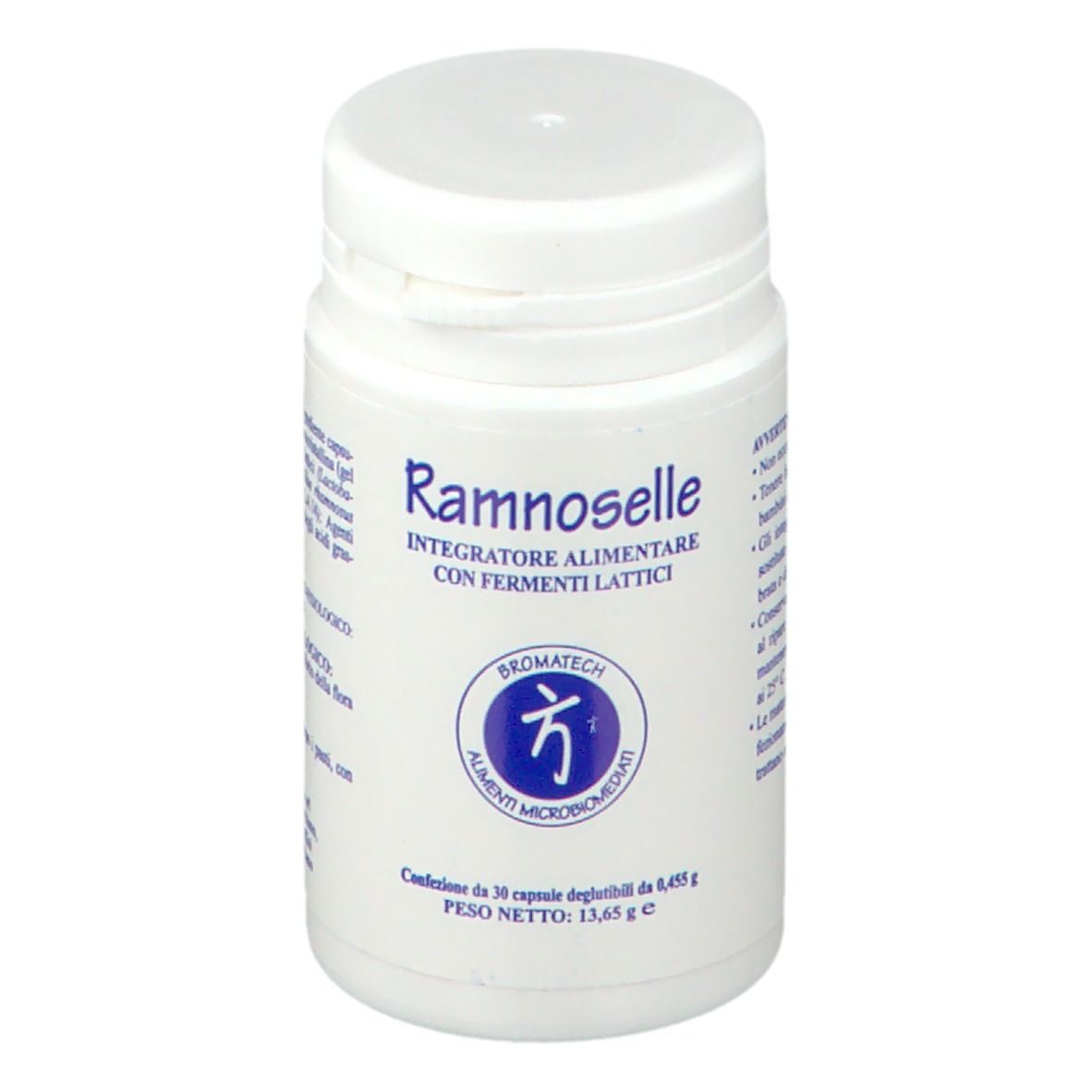 Flacone bianco con tappo a vite. Nome e logo del prodotto. Contiene 30 capsule. Marca: BROMATECH.