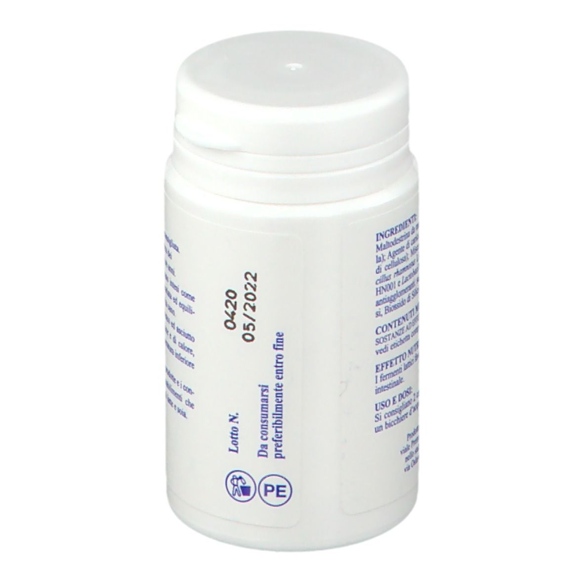 Flacone bianco con tappo a vite. Data di scadenza: 05/2022. Marca: BROMATECH.