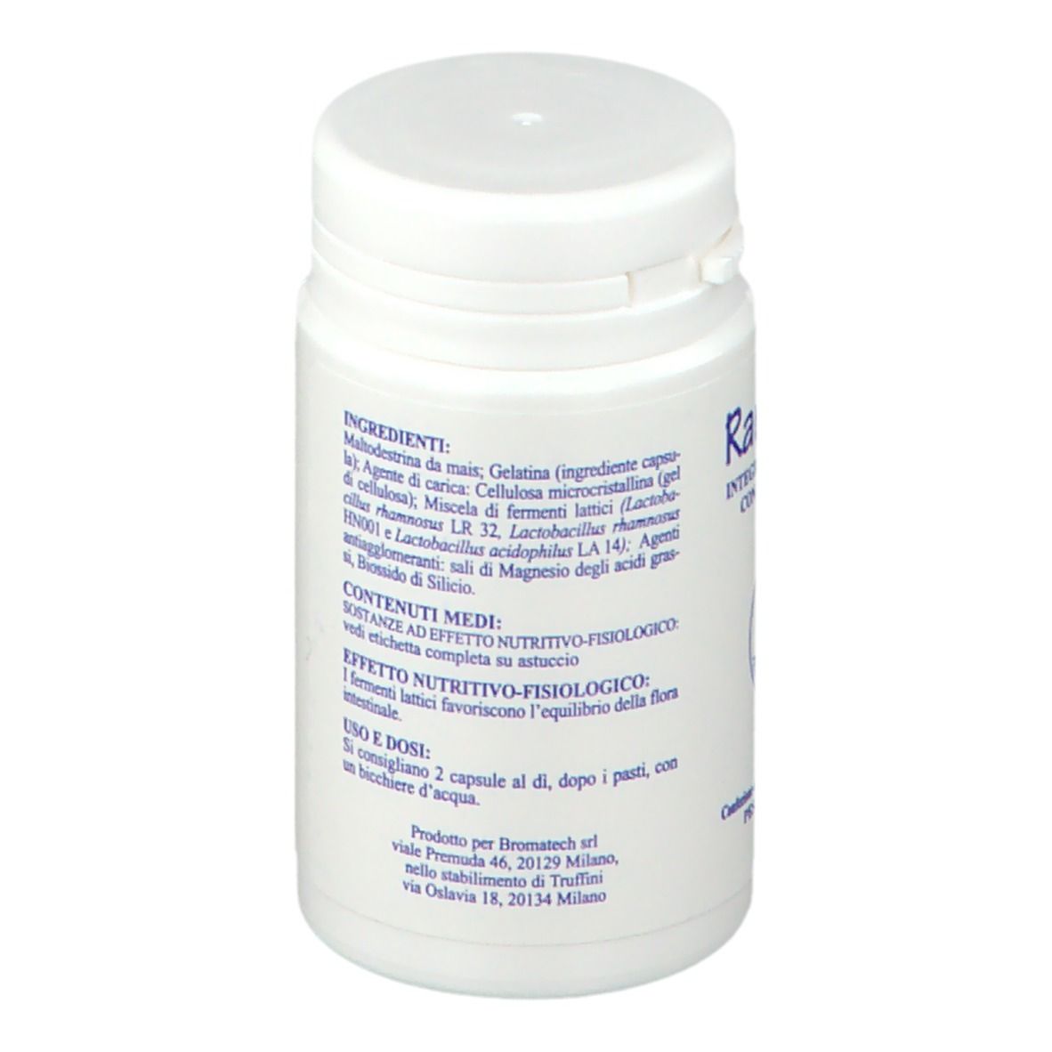 Flacone bianco con tappo a vite. Elenco ingredienti e dosaggio. Marca: BROMATECH.