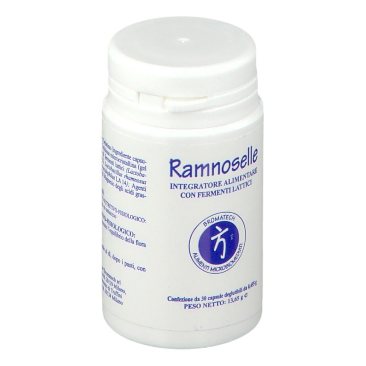 Flacone bianco con tappo a vite. Nome e logo del prodotto. Contiene 30 capsule. Marca: BROMATECH.