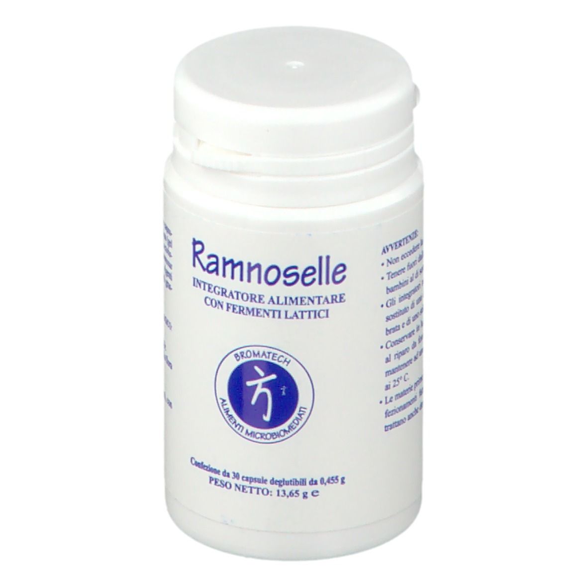 Flacone bianco con tappo a vite. Nome e logo del prodotto. Contiene 30 capsule. Marca: BROMATECH.