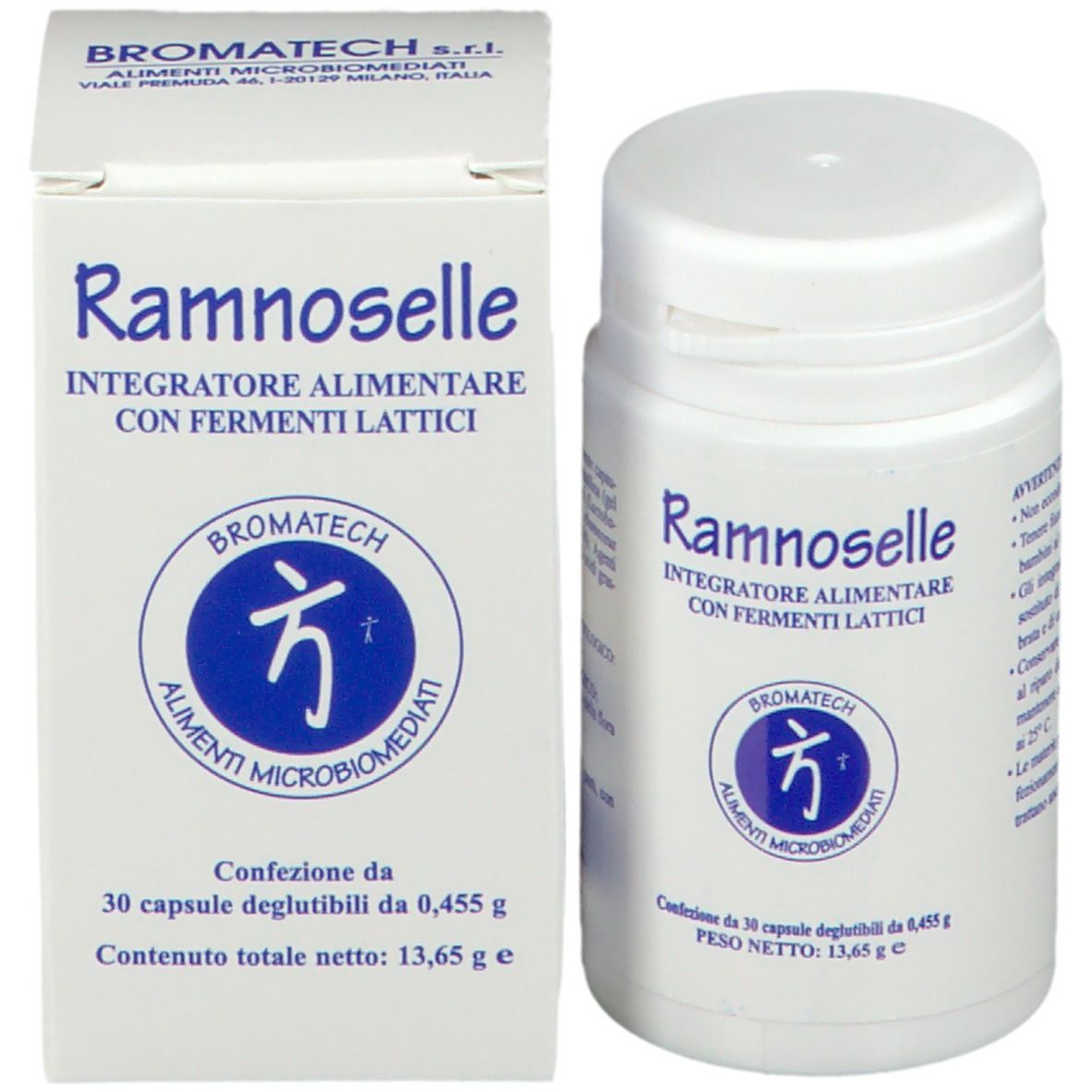 Flacone e scatola bianchi. Nome e logo del prodotto. Contiene 30 capsule. Marca: BROMATECH.
